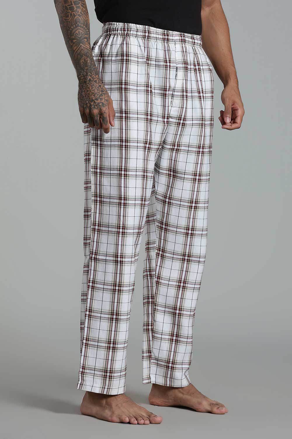 Enhance Men’s Cotton Blend Night Pants – Checked Pyjamas with Drawstring Waist & Side Pockets - Off White - NP01 - Naidu Hall Family Store