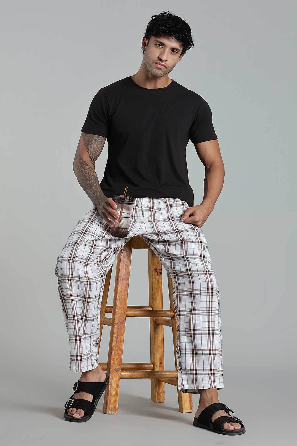 Enhance Men’s Cotton Blend Night Pants – Checked Pyjamas with Drawstring Waist & Side Pockets - Off White - NP01 - Naidu Hall Family Store