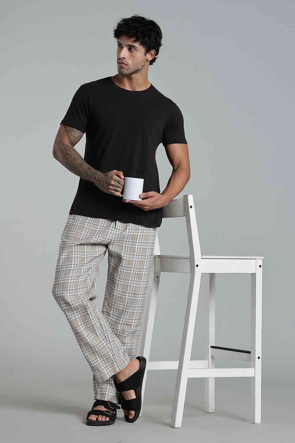 Enhance Men’s Cotton Blend Night Pants – Checked Pyjamas with Drawstring Waist & Side Pockets - Cream - NP01 - Naidu Hall Family Store