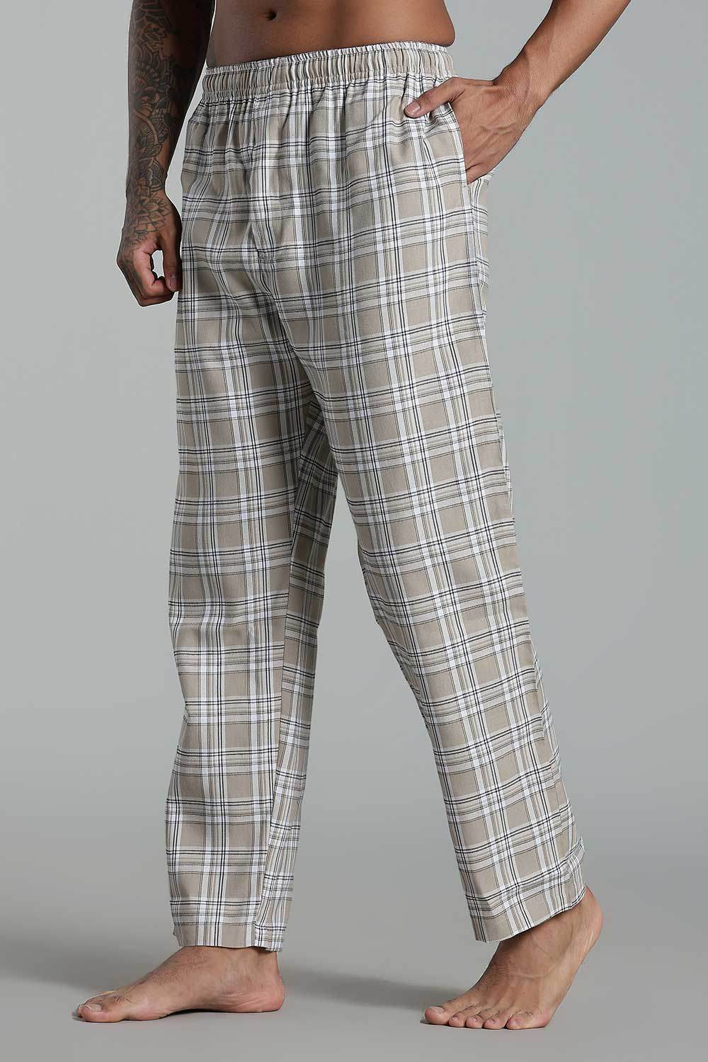 Enhance Men’s Cotton Blend Night Pants – Checked Pyjamas with Drawstring Waist & Side Pockets - Cream - NP01 - Naidu Hall Family Store