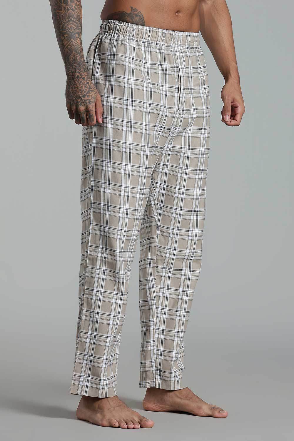 Enhance Men’s Cotton Blend Night Pants – Checked Pyjamas with Drawstring Waist & Side Pockets - Cream - NP01 - Naidu Hall Family Store