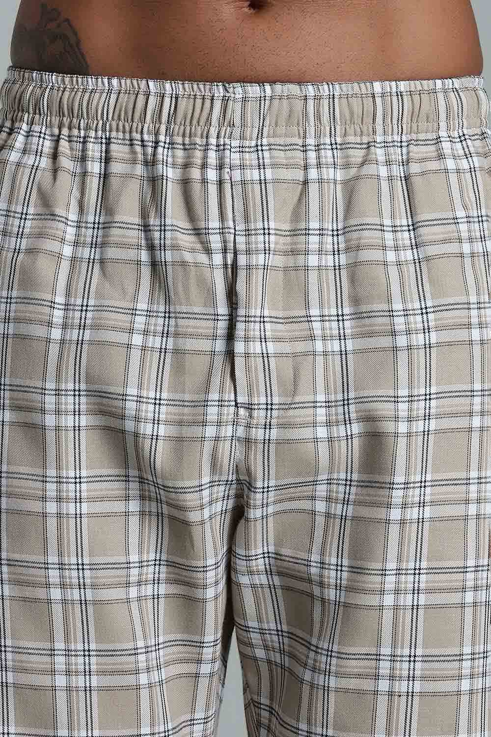 Enhance Men’s Cotton Blend Night Pants – Checked Pyjamas with Drawstring Waist & Side Pockets - Cream - NP01 - Naidu Hall Family Store