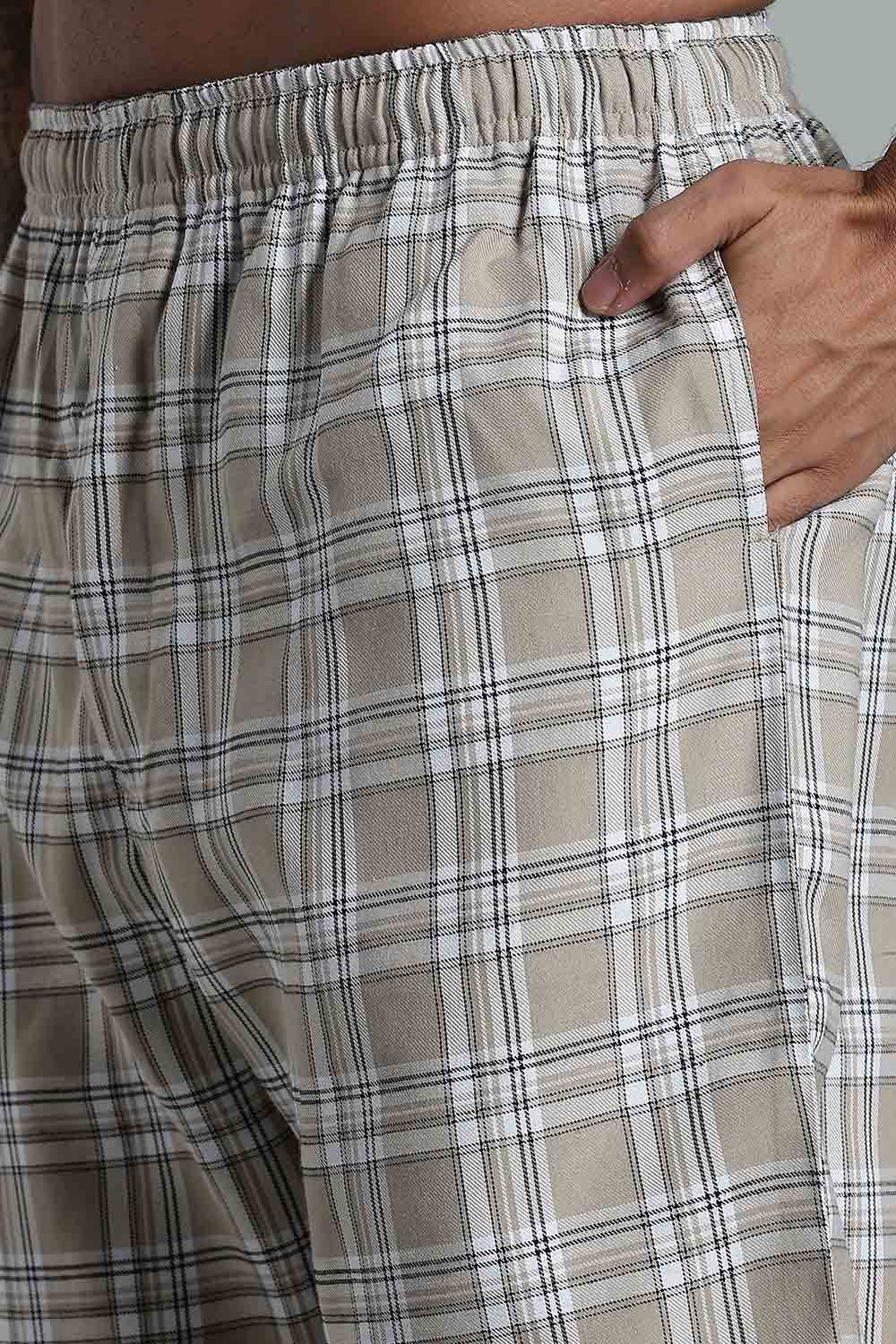 Enhance Men’s Cotton Blend Night Pants – Checked Pyjamas with Drawstring Waist & Side Pockets - Cream - NP01 - Naidu Hall Family Store