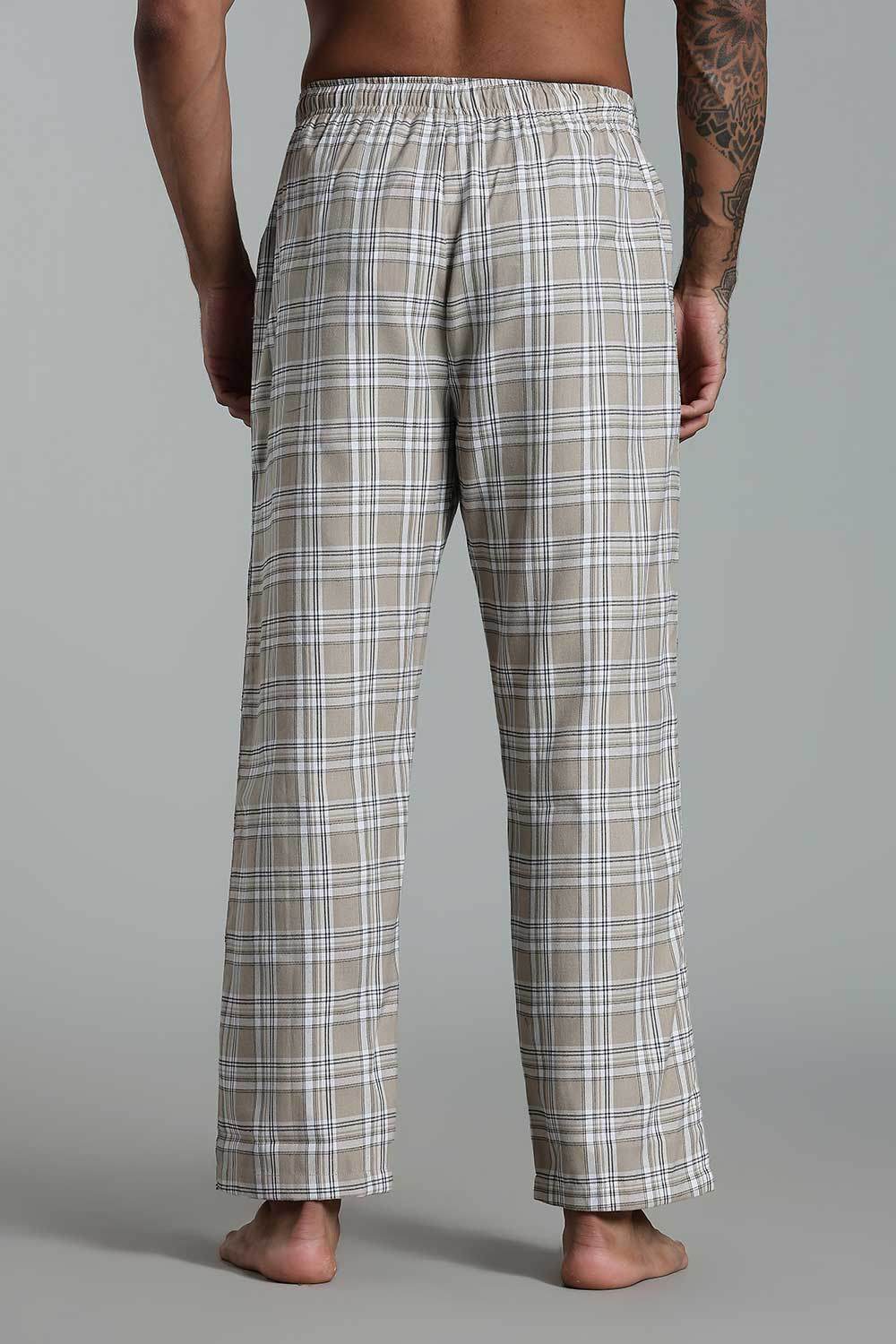 Enhance Men’s Cotton Blend Night Pants – Checked Pyjamas with Drawstring Waist & Side Pockets - Cream - NP01 - Naidu Hall Family Store