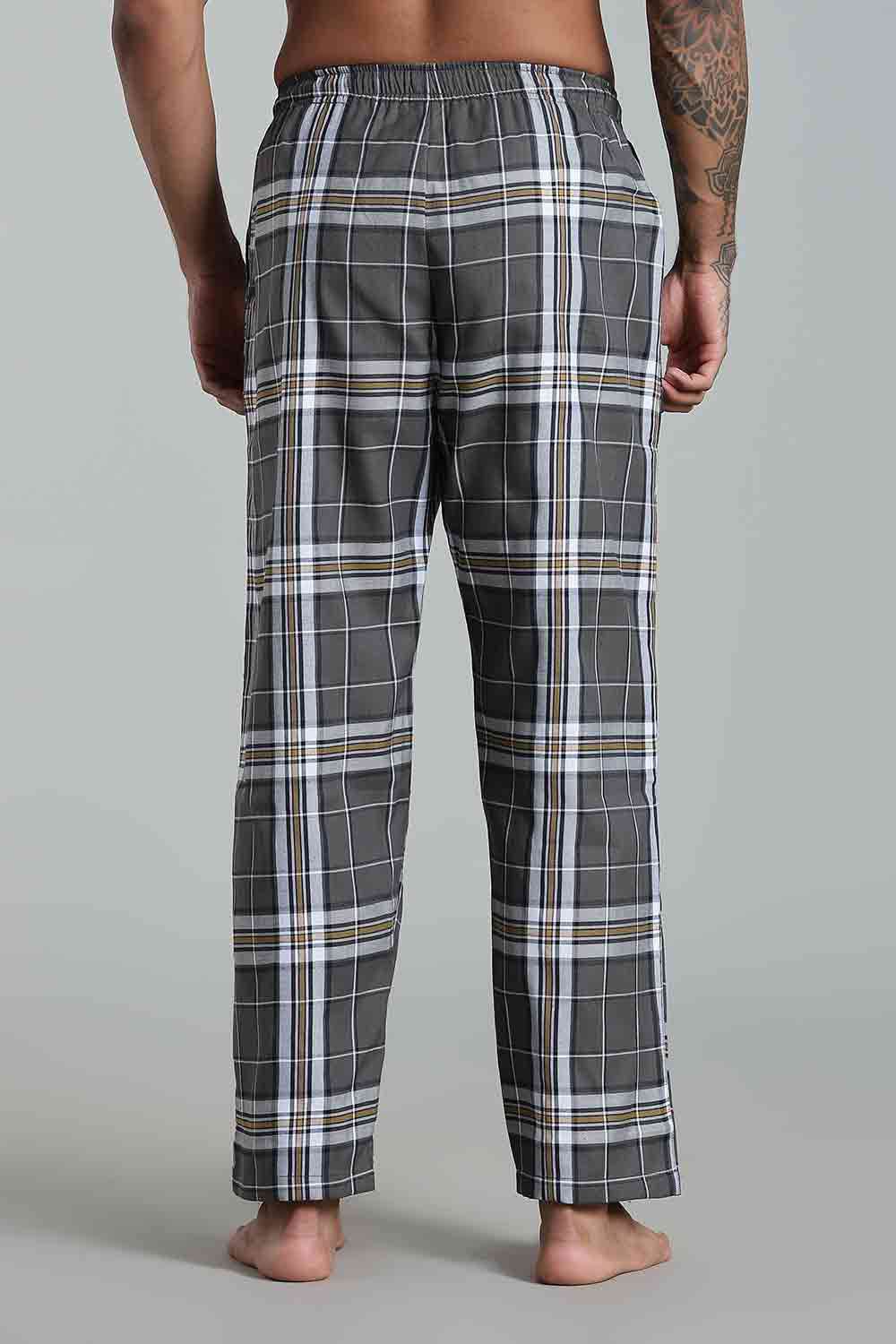 Enhance Men’s Cotton Blend Night Pants – Checked Pyjamas with Drawstring Waist & Side Pockets - Dark Grey - NP01 - Naidu Hall Family Store