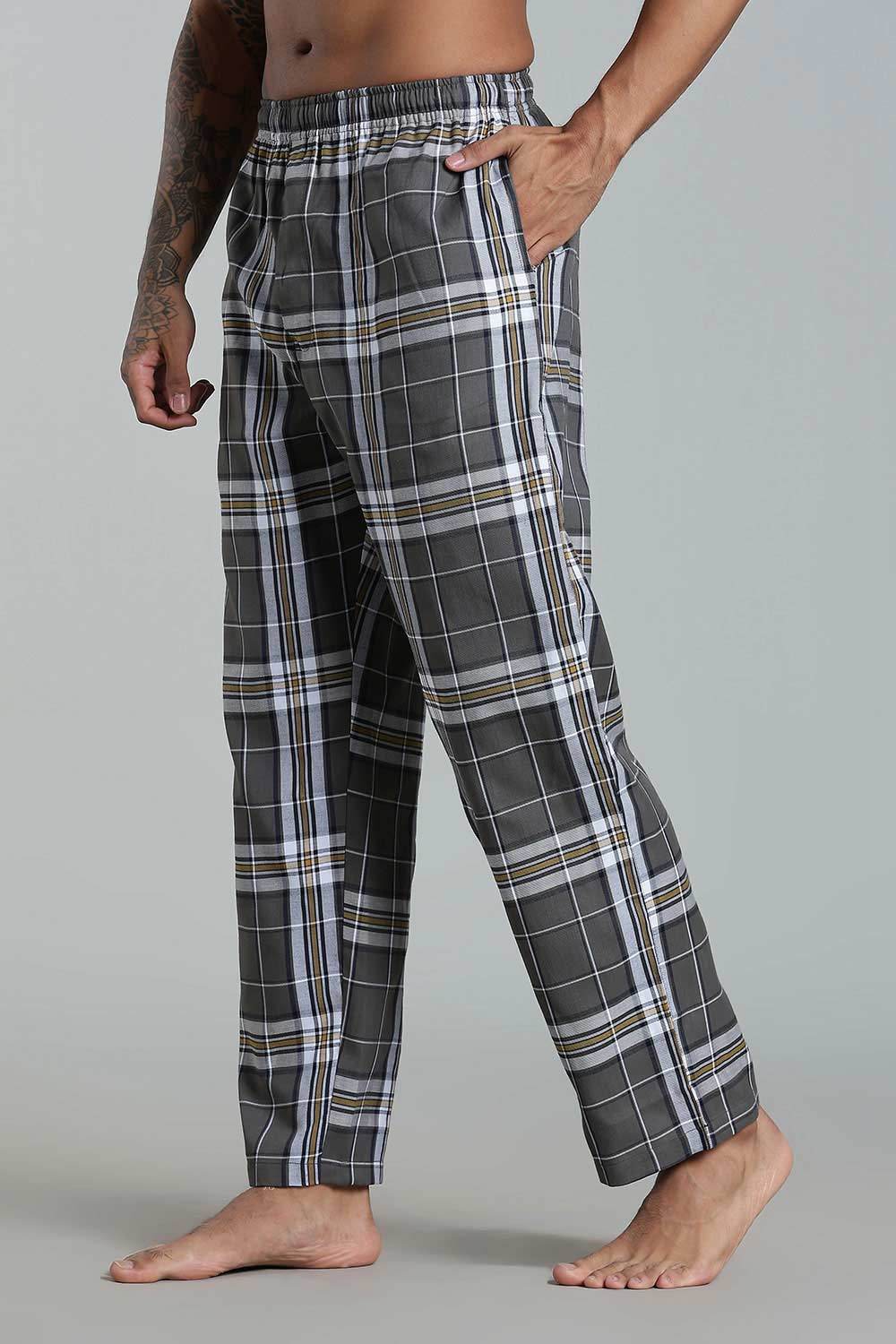 Enhance Men’s Cotton Blend Night Pants – Checked Pyjamas with Drawstring Waist & Side Pockets - Dark Grey - NP01 - Naidu Hall Family Store