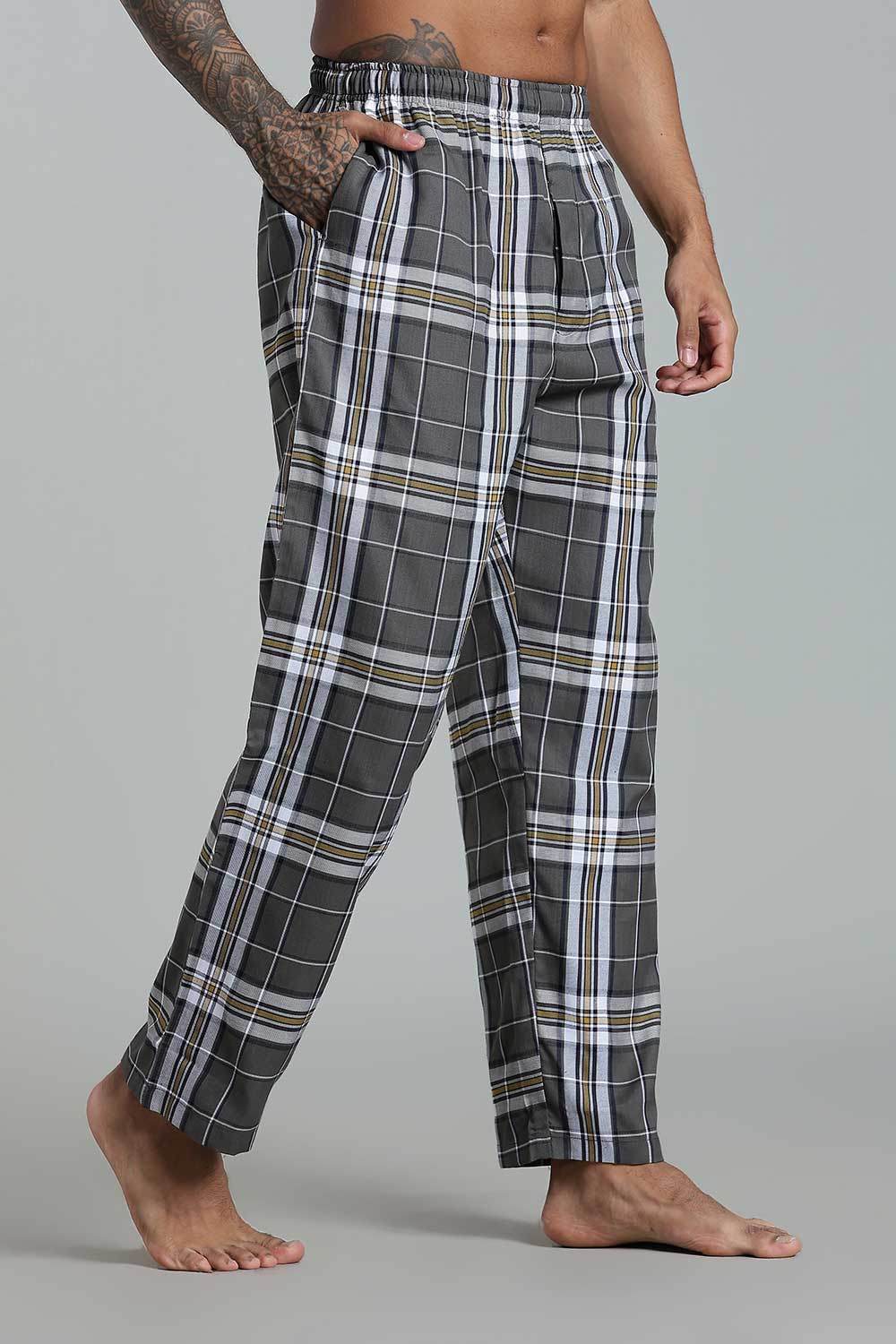 Enhance Men’s Cotton Blend Night Pants – Checked Pyjamas with Drawstring Waist & Side Pockets - Dark Grey - NP01 - Naidu Hall Family Store