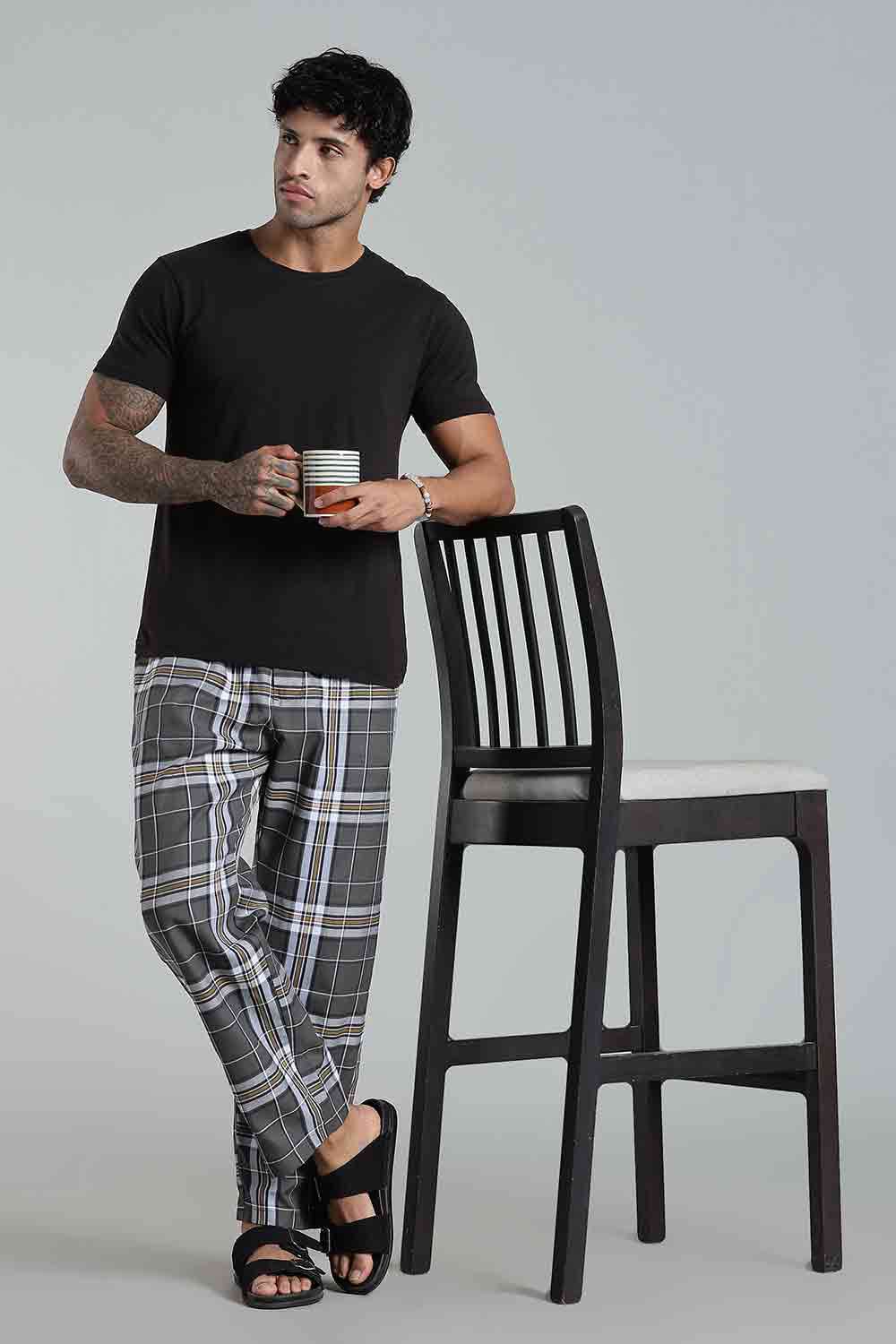 Enhance Men’s Cotton Blend Night Pants – Checked Pyjamas with Drawstring Waist & Side Pockets - Dark Grey - NP01 - Naidu Hall Family Store