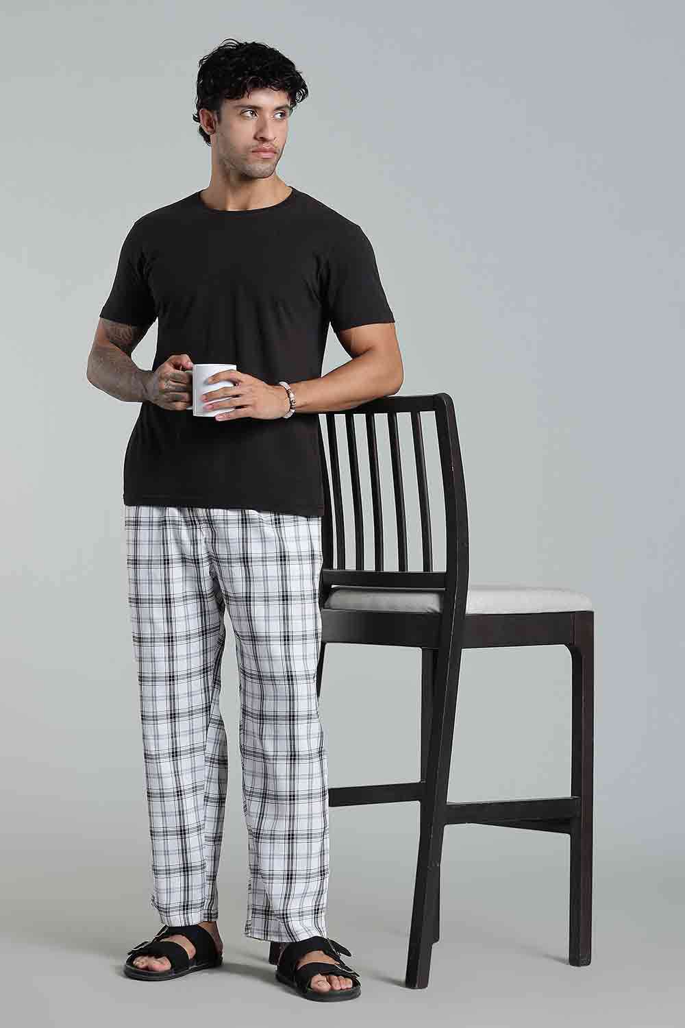 Enhance Men’s Cotton Blend Night Pants – Checked Pyjamas with Drawstring Waist & Side Pockets - White Black - NP01 - Naidu Hall Family Store