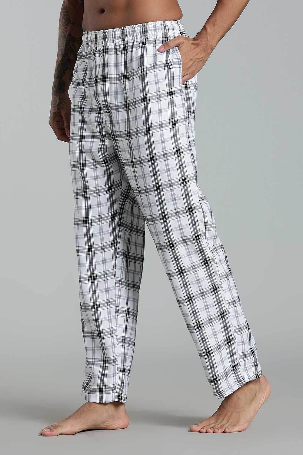 Enhance Men’s Cotton Blend Night Pants – Checked Pyjamas with Drawstring Waist & Side Pockets - White Black - NP01 - Naidu Hall Family Store