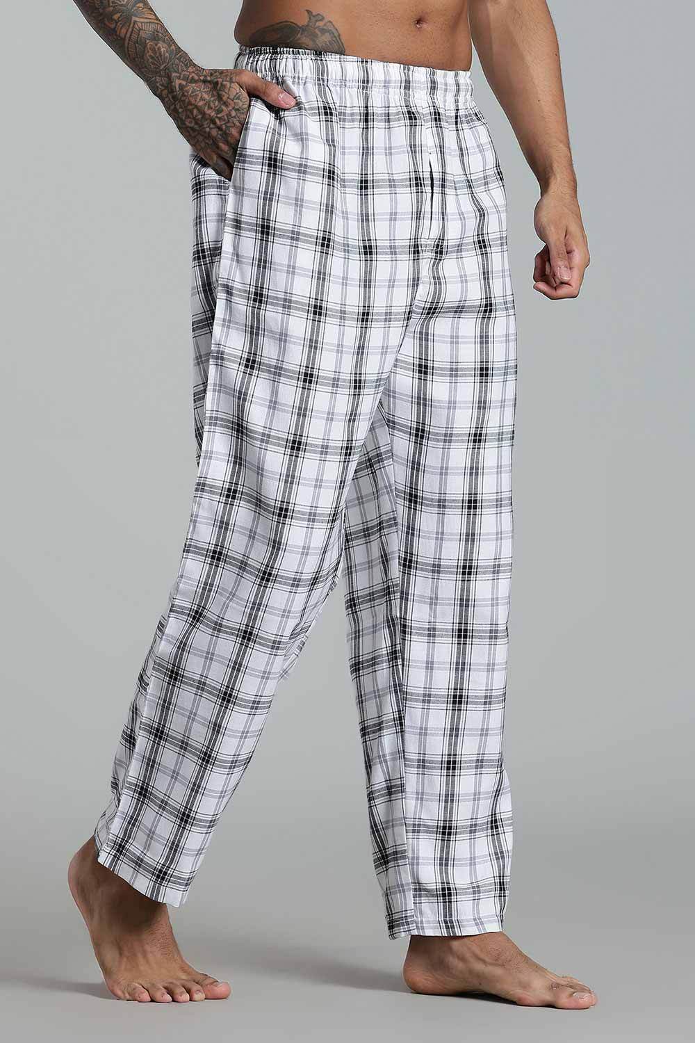 Enhance Men’s Cotton Blend Night Pants – Checked Pyjamas with Drawstring Waist & Side Pockets - White Black - NP01 - Naidu Hall Family Store