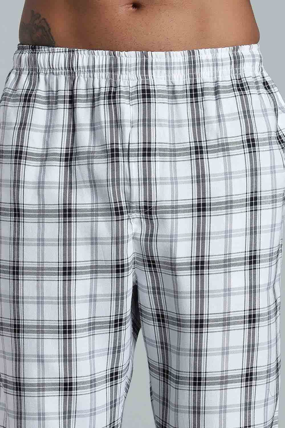 Enhance Men’s Cotton Blend Night Pants – Checked Pyjamas with Drawstring Waist & Side Pockets - White Black - NP01 - Naidu Hall Family Store