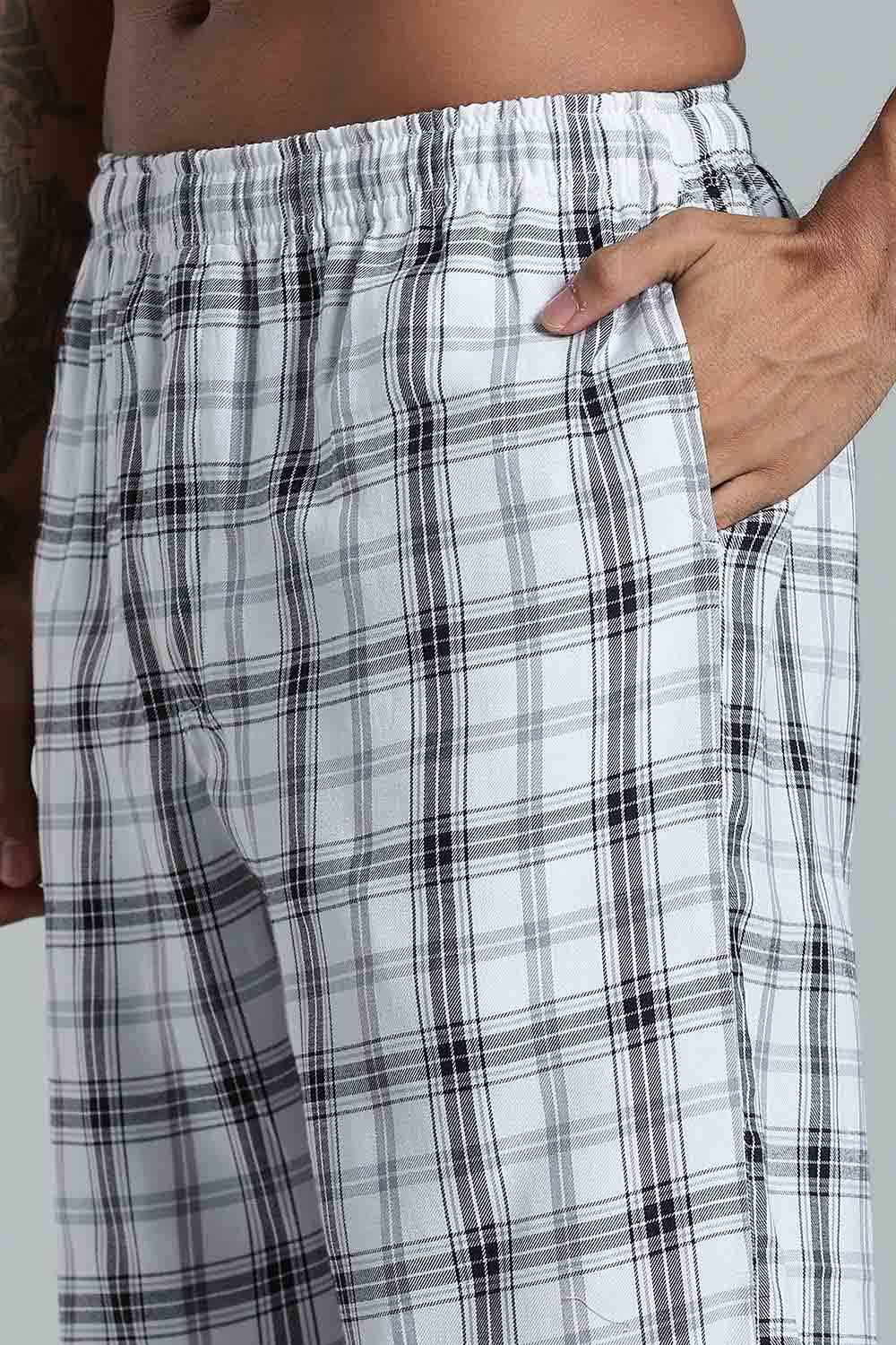 Enhance Men’s Cotton Blend Night Pants – Checked Pyjamas with Drawstring Waist & Side Pockets - White Black - NP01 - Naidu Hall Family Store