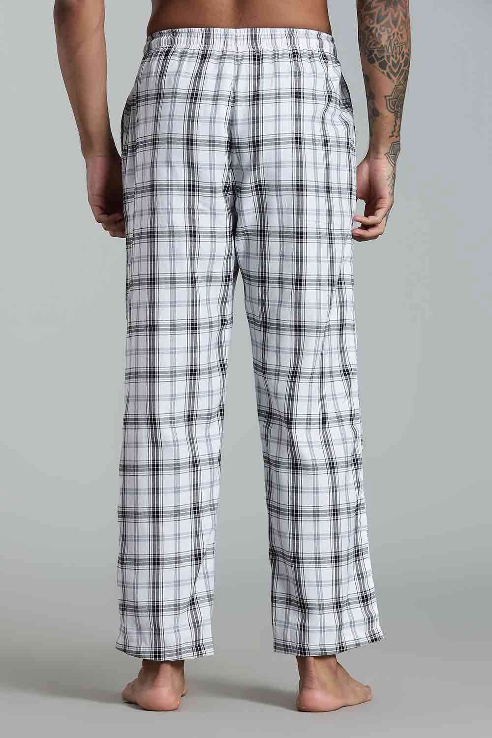 Enhance Men’s Cotton Blend Night Pants – Checked Pyjamas with Drawstring Waist & Side Pockets - White Black - NP01 - Naidu Hall Family Store