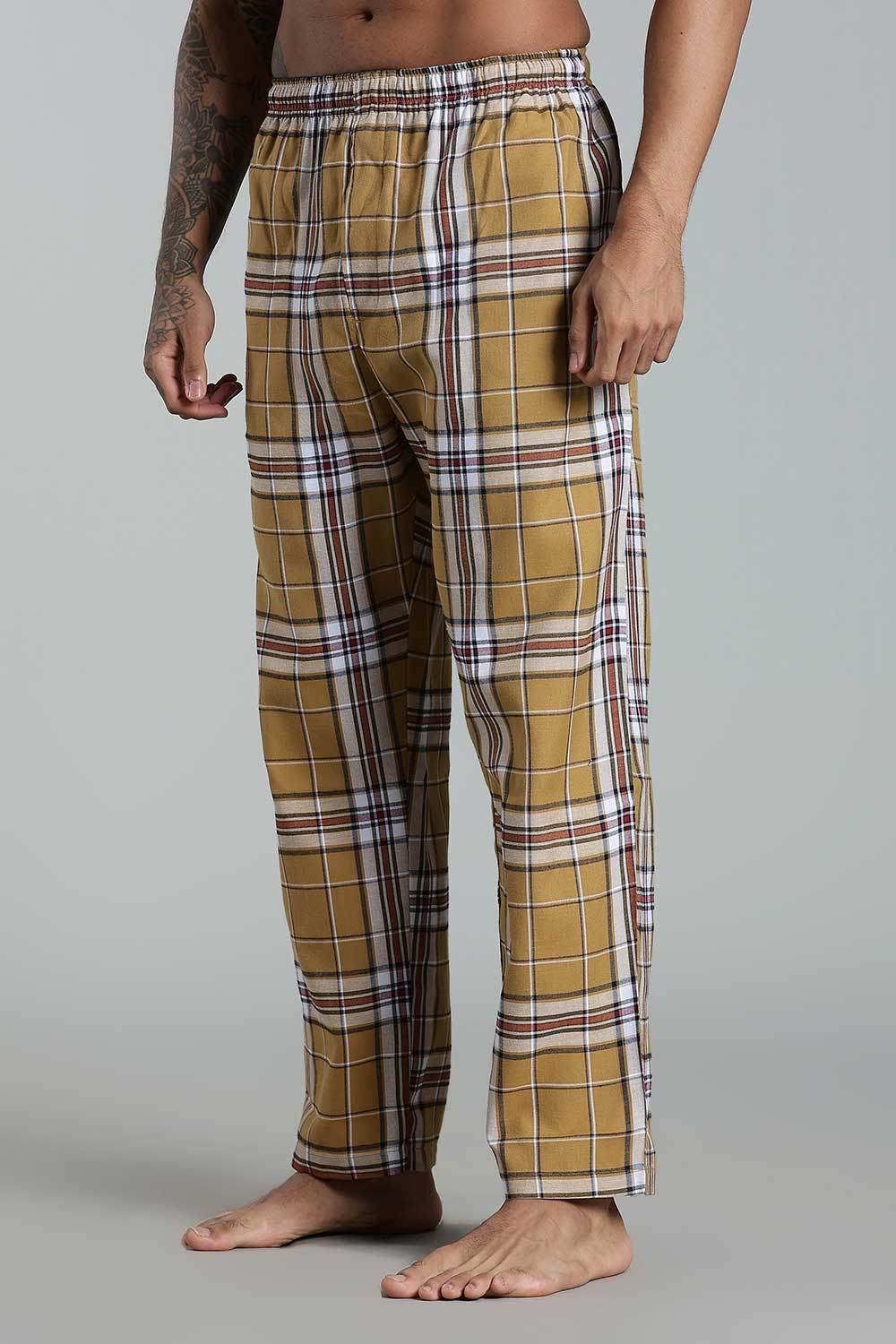 Enhance Men’s Cotton Blend Night Pants – Checked Pyjamas with Drawstring Waist & Side Pockets - Mustard - NP01 - Naidu Hall Family Store