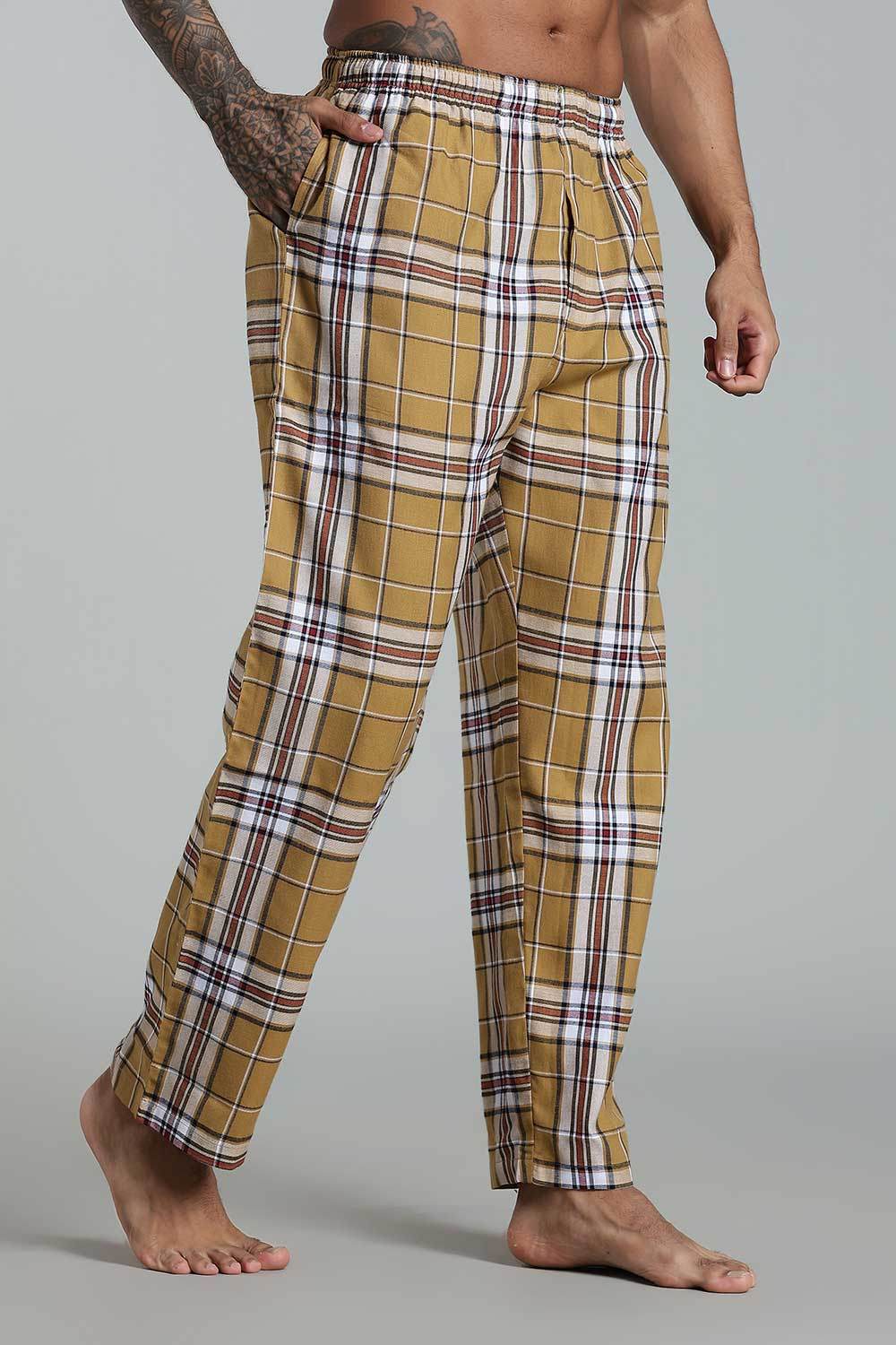 Enhance Men’s Cotton Blend Night Pants – Checked Pyjamas with Drawstring Waist & Side Pockets - Mustard - NP01 - Naidu Hall Family Store