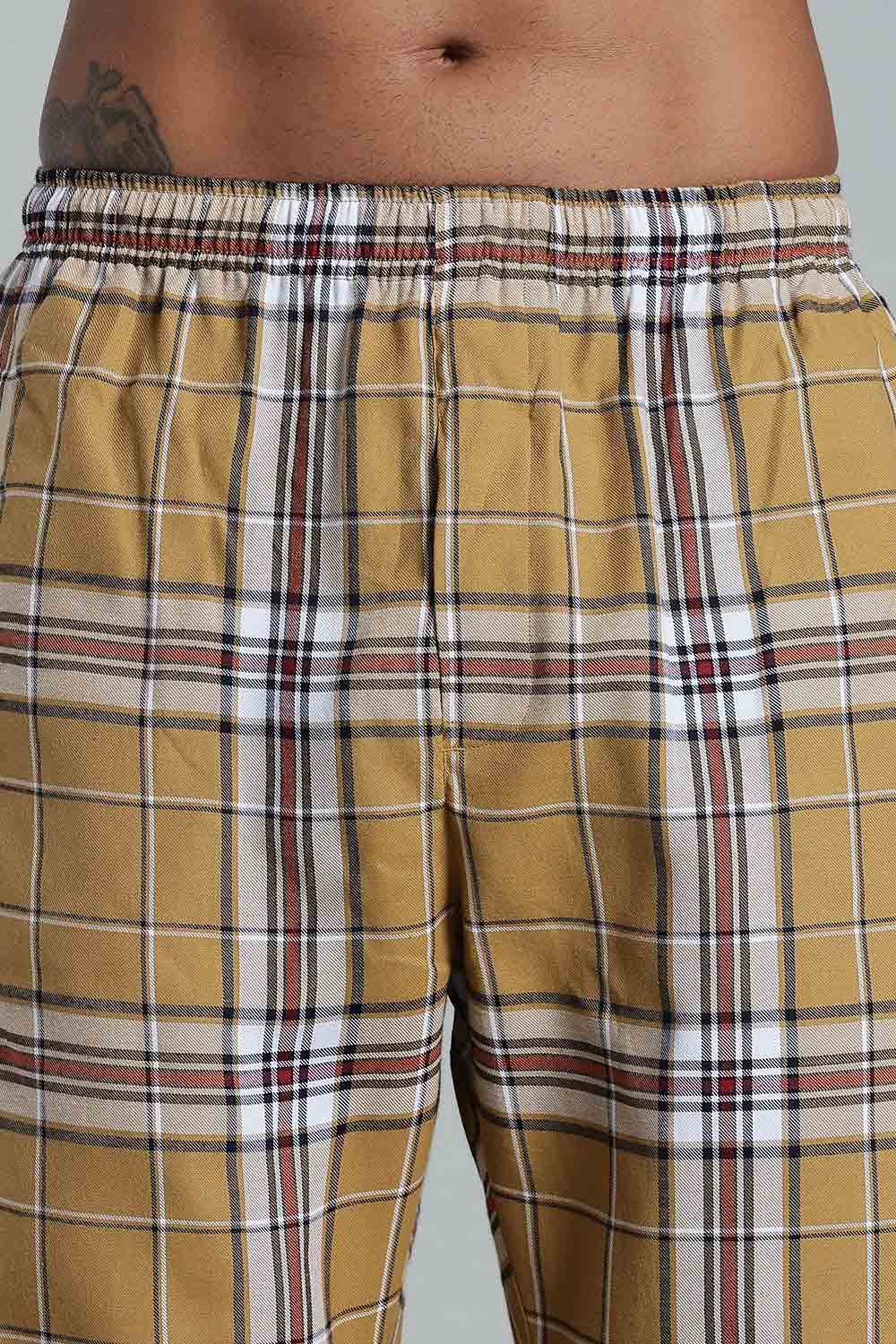 Enhance Men’s Cotton Blend Night Pants – Checked Pyjamas with Drawstring Waist & Side Pockets - Mustard - NP01 - Naidu Hall Family Store