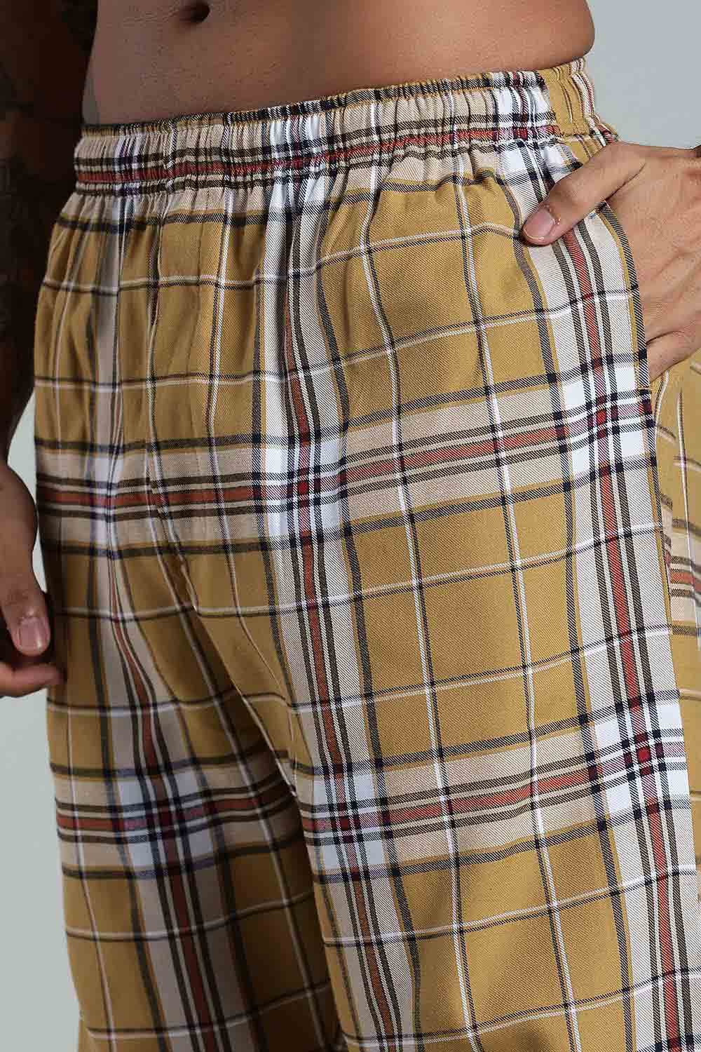 Enhance Men’s Cotton Blend Night Pants – Checked Pyjamas with Drawstring Waist & Side Pockets - Mustard - NP01 - Naidu Hall Family Store