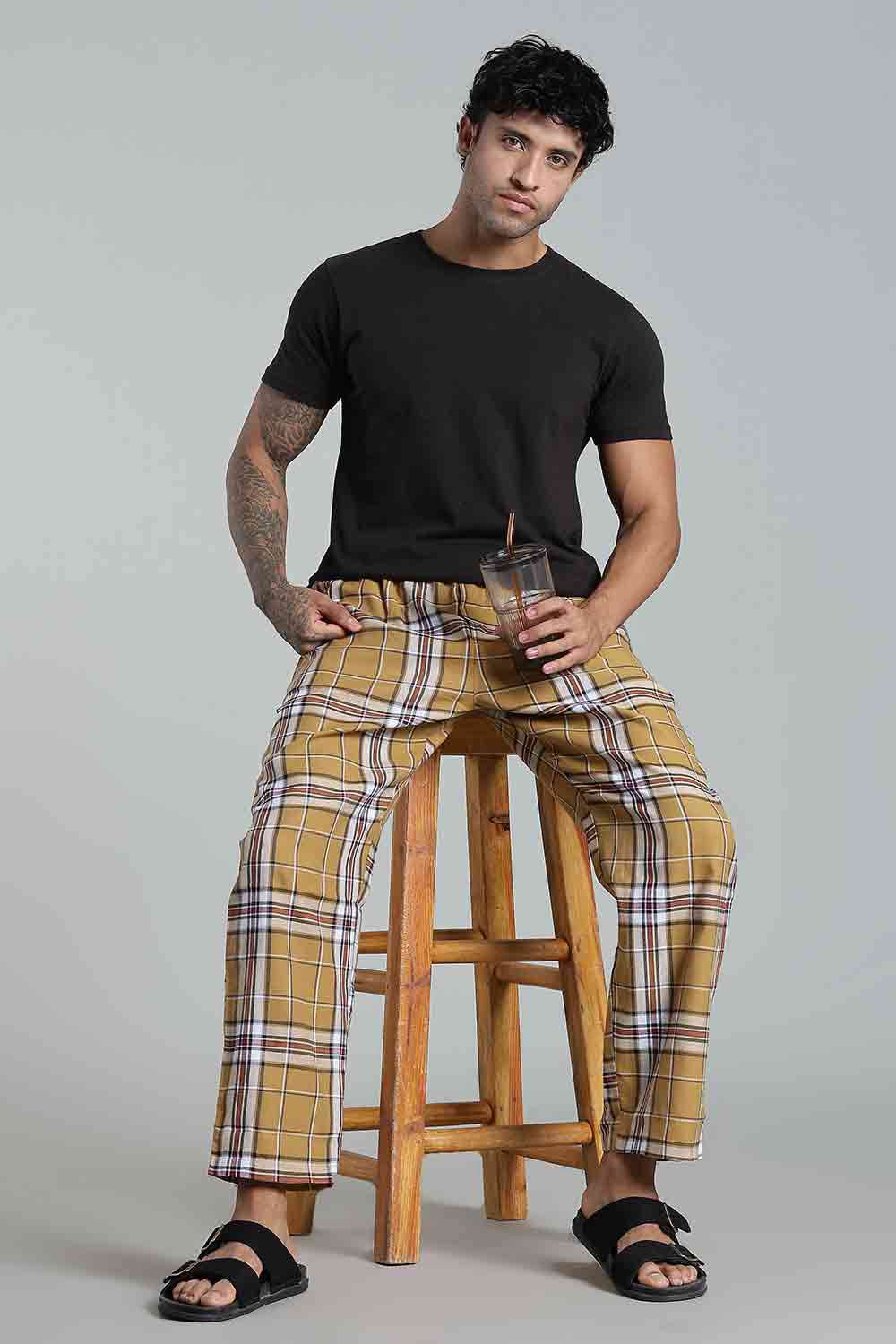 Enhance Men’s Cotton Blend Night Pants – Checked Pyjamas with Drawstring Waist & Side Pockets - Mustard - NP01 - Naidu Hall Family Store