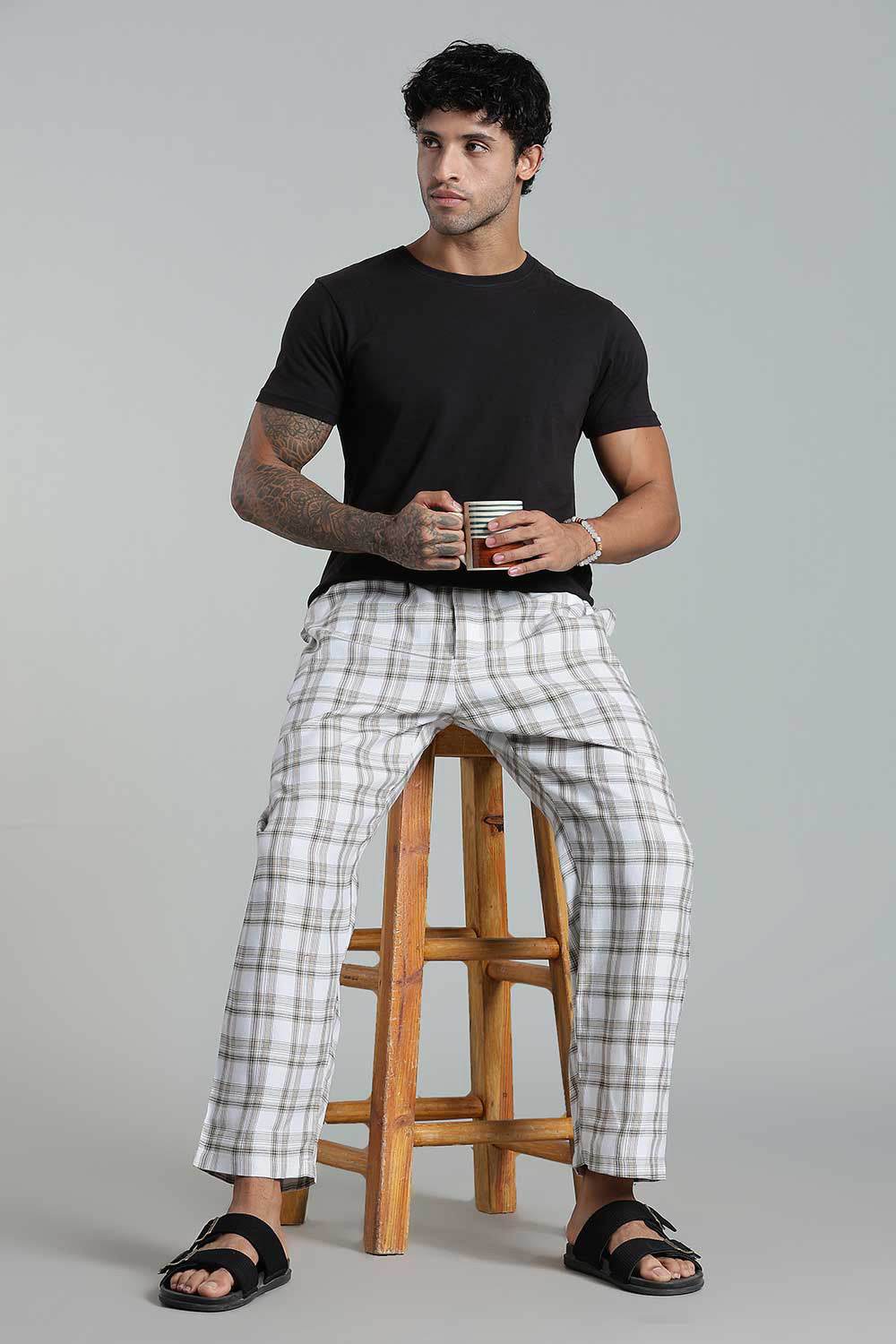Enhance Men’s Cotton Blend Night Pants – Checked Pyjamas with Drawstring Waist & Side Pockets - White - NP01 - Naidu Hall Family Store
