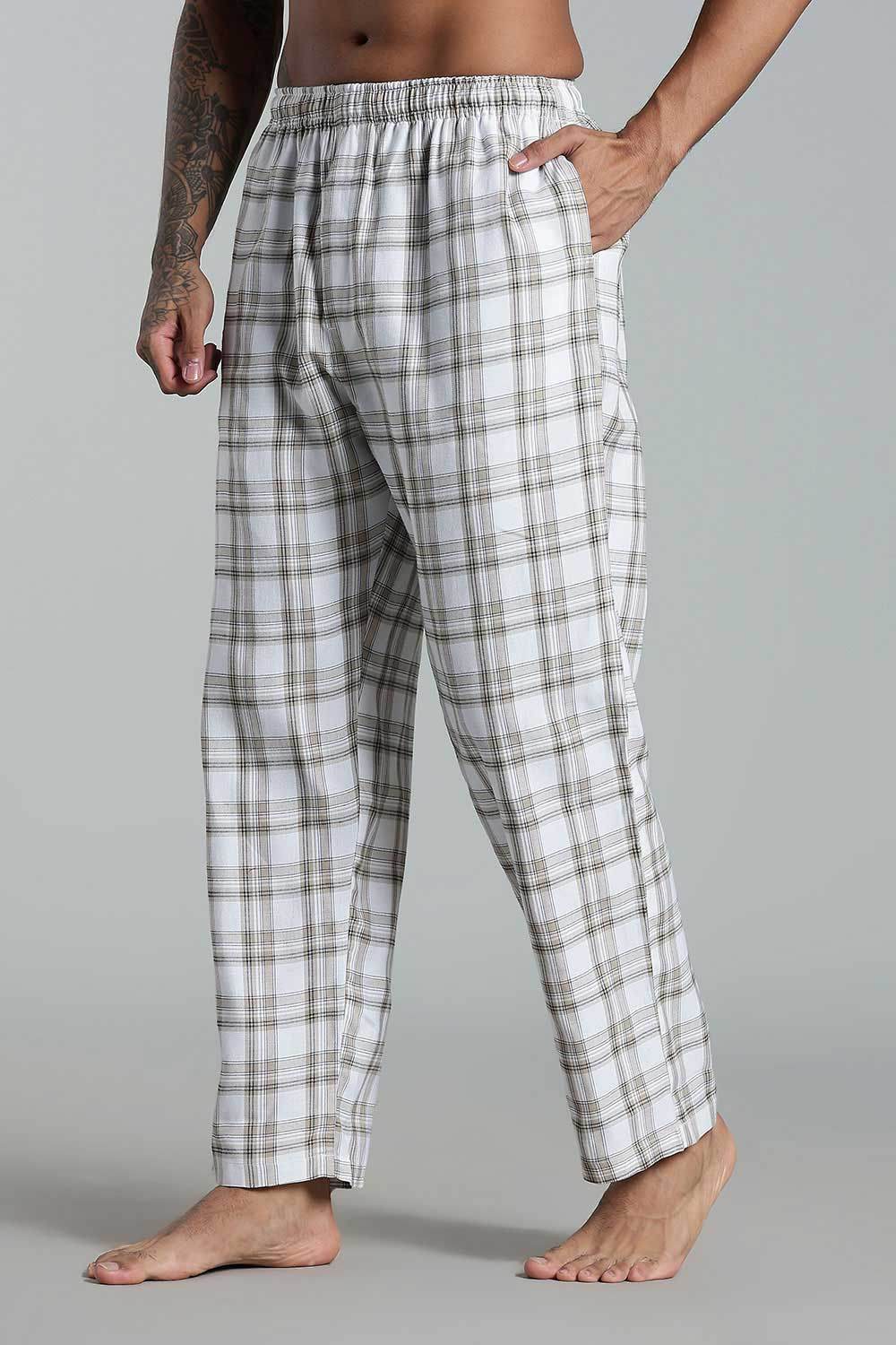 Enhance Men’s Cotton Blend Night Pants – Checked Pyjamas with Drawstring Waist & Side Pockets - White - NP01 - Naidu Hall Family Store