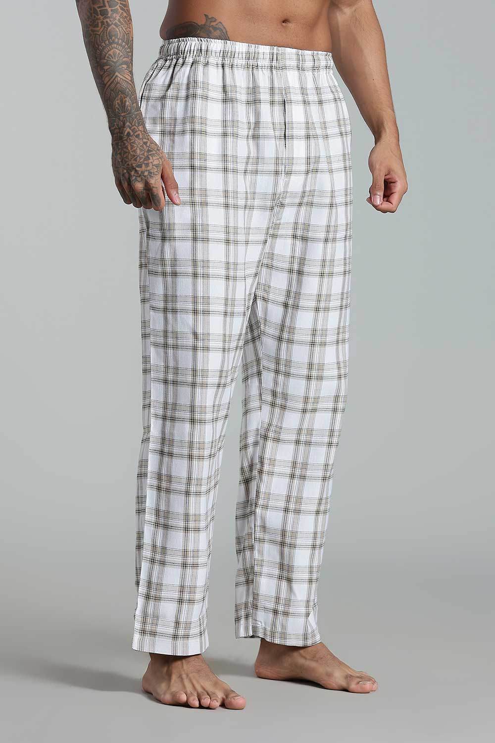 Enhance Men’s Cotton Blend Night Pants – Checked Pyjamas with Drawstring Waist & Side Pockets - White - NP01 - Naidu Hall Family Store