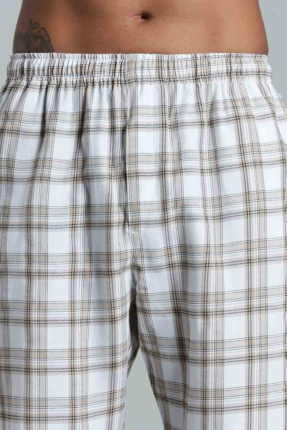 Enhance Men’s Cotton Blend Night Pants – Checked Pyjamas with Drawstring Waist & Side Pockets - White - NP01 - Naidu Hall Family Store