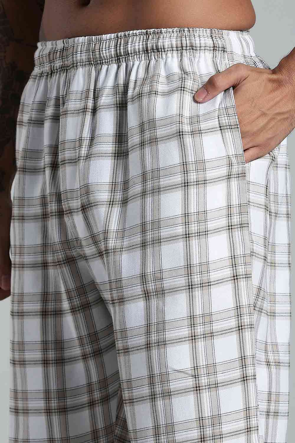 Enhance Men’s Cotton Blend Night Pants – Checked Pyjamas with Drawstring Waist & Side Pockets - White - NP01 - Naidu Hall Family Store
