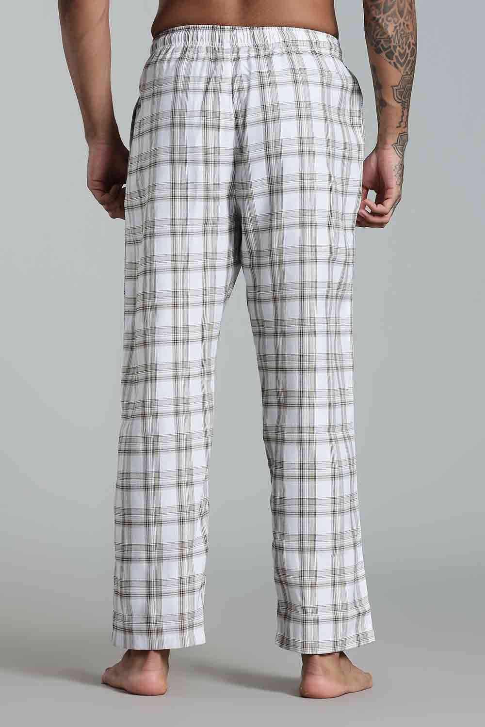Enhance Men’s Cotton Blend Night Pants – Checked Pyjamas with Drawstring Waist & Side Pockets - White - NP01 - Naidu Hall Family Store