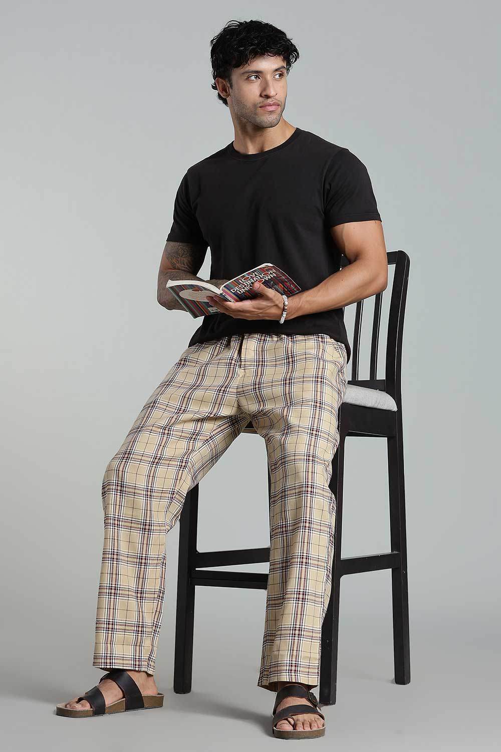 Enhance Men’s Cotton Blend Night Pants – Checked Pyjamas with Drawstring Waist & Side Pockets - Beige - NP01 - Naidu Hall Family Store