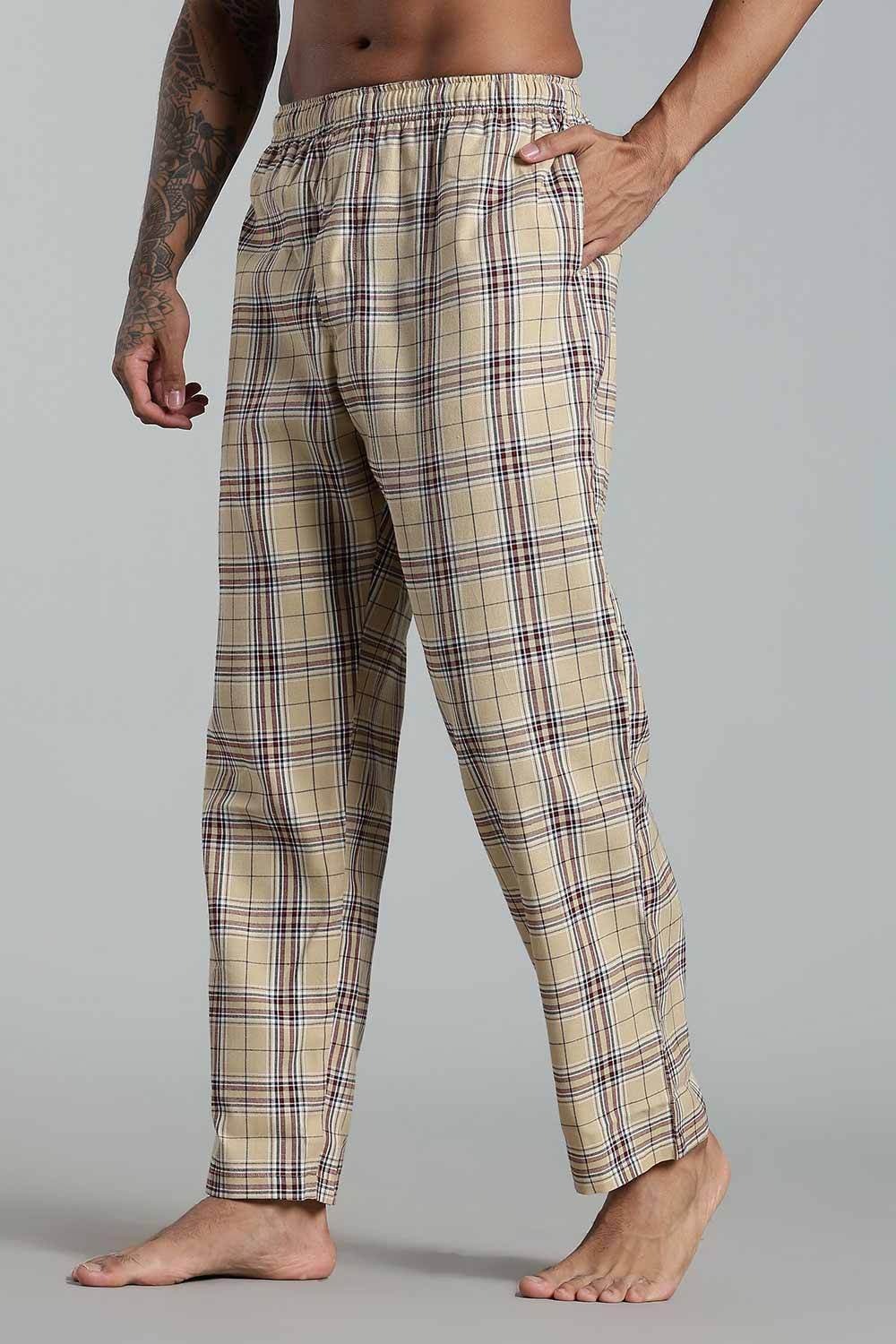 Enhance Men’s Cotton Blend Night Pants – Checked Pyjamas with Drawstring Waist & Side Pockets - Beige - NP01 - Naidu Hall Family Store