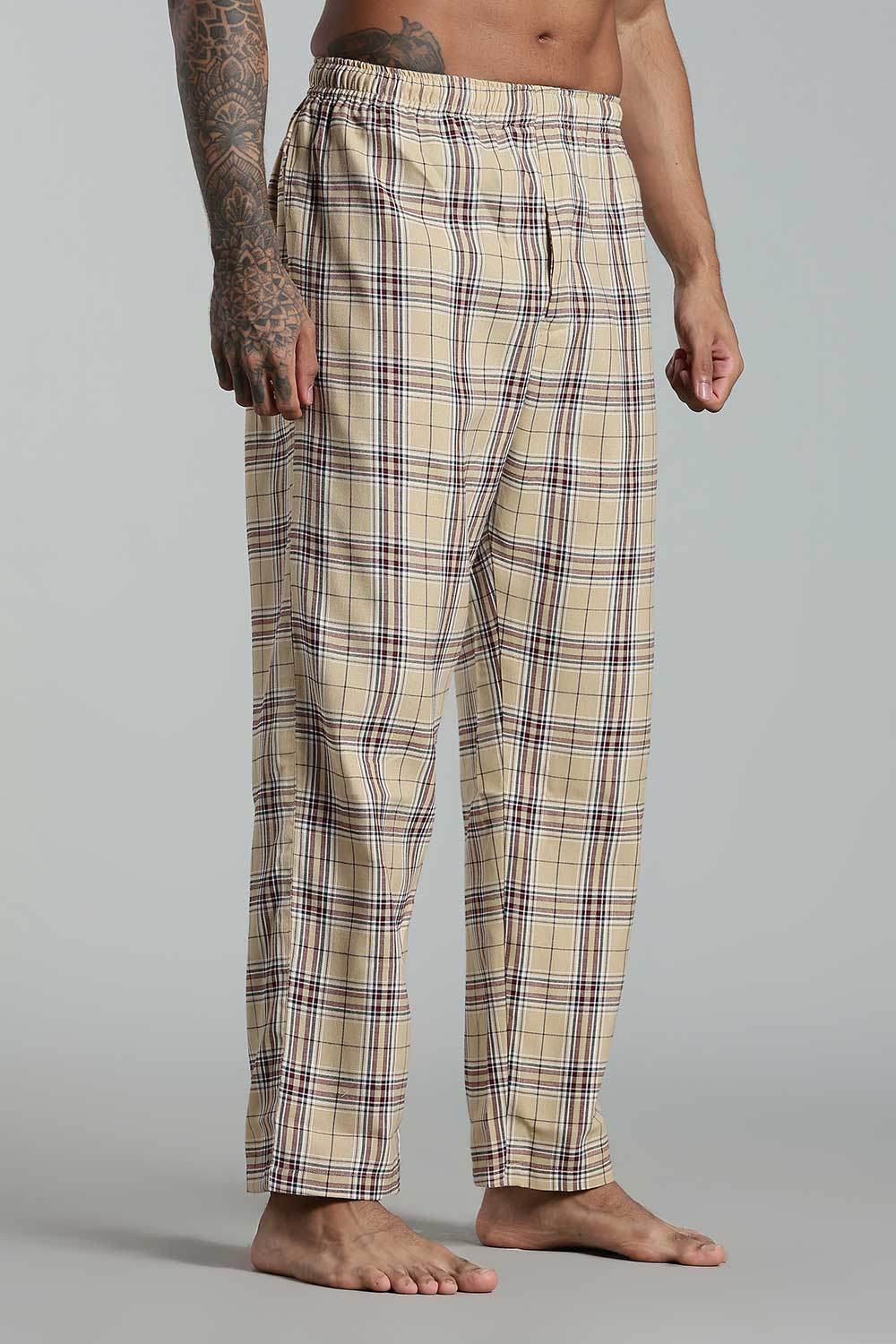 Enhance Men’s Cotton Blend Night Pants – Checked Pyjamas with Drawstring Waist & Side Pockets - Beige - NP01 - Naidu Hall Family Store