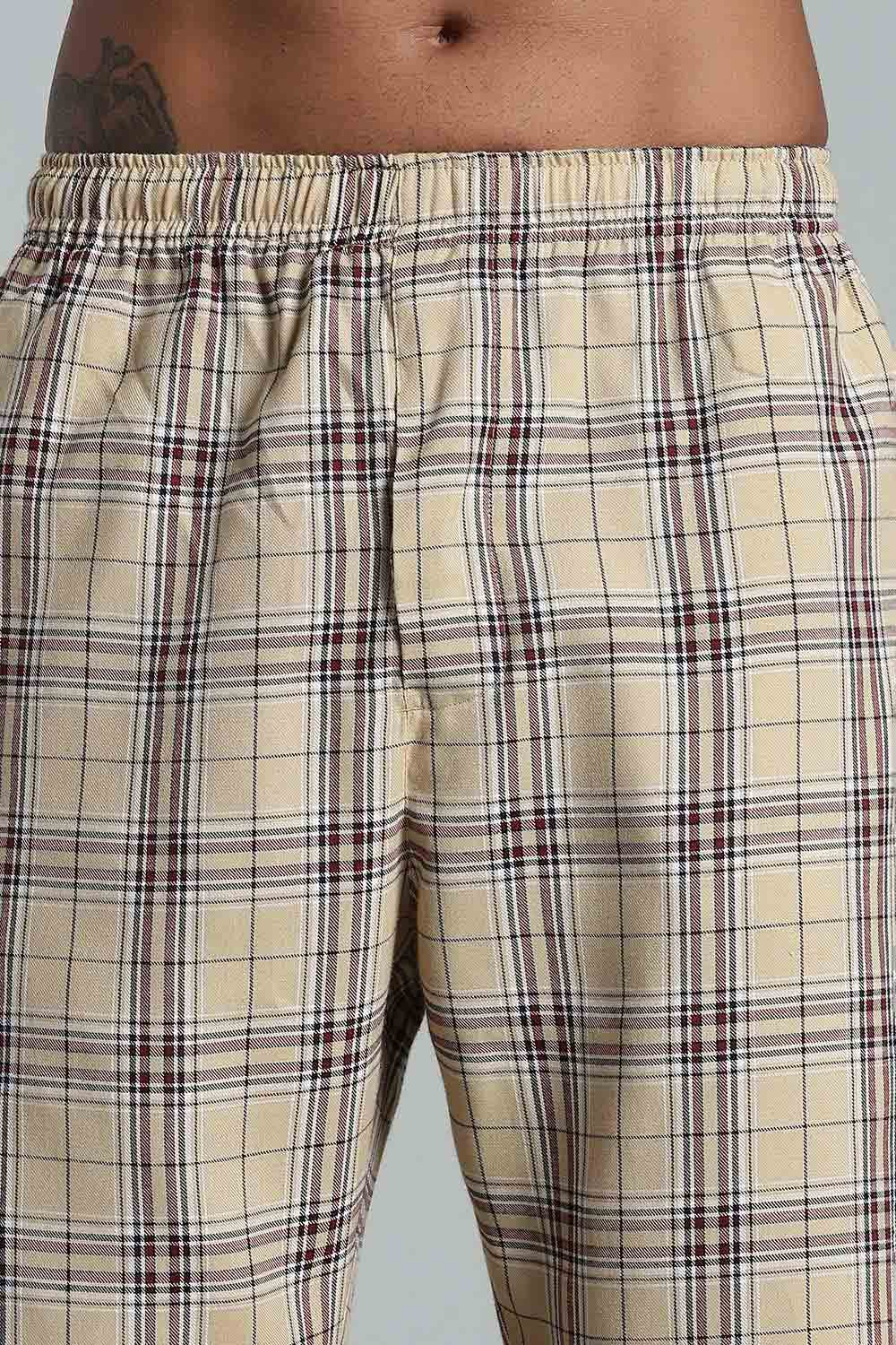 Enhance Men’s Cotton Blend Night Pants – Checked Pyjamas with Drawstring Waist & Side Pockets - Beige - NP01 - Naidu Hall Family Store