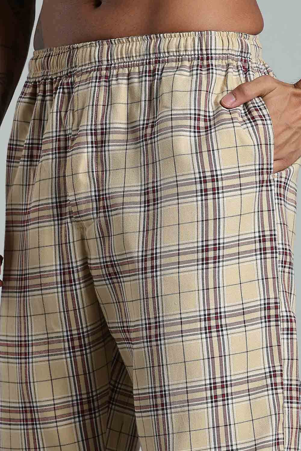 Enhance Men’s Cotton Blend Night Pants – Checked Pyjamas with Drawstring Waist & Side Pockets - Beige - NP01 - Naidu Hall Family Store