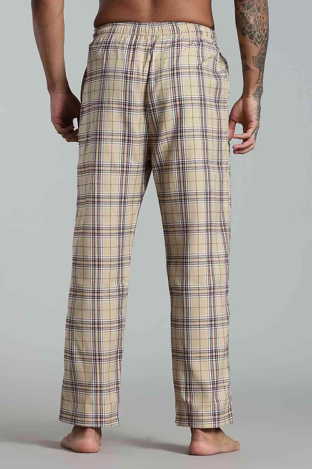 Enhance Men’s Cotton Blend Night Pants – Checked Pyjamas with Drawstring Waist & Side Pockets - Beige - NP01 - Naidu Hall Family Store
