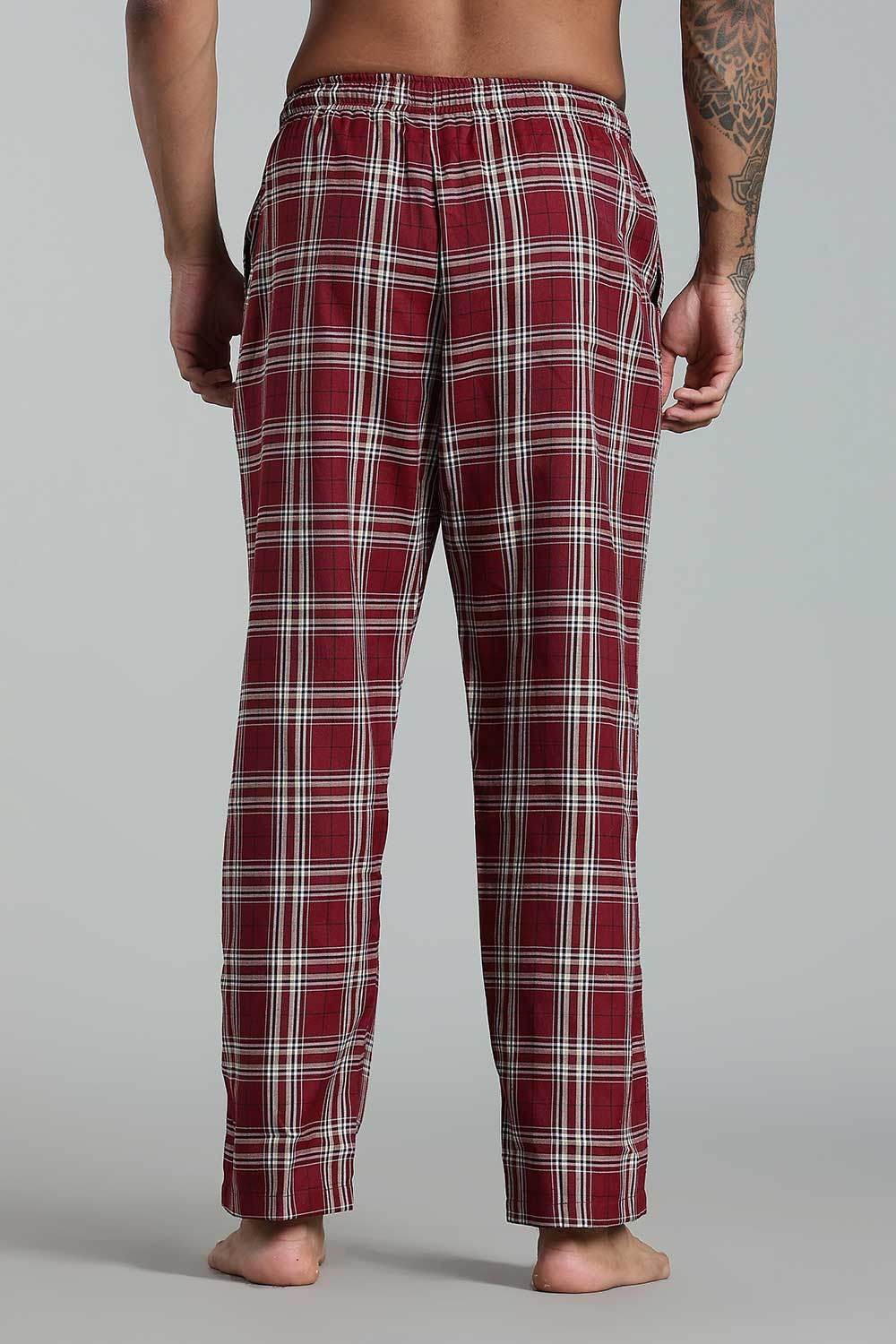 Enhance Men’s Cotton Blend Night Pants – Checked Pyjamas with Drawstring Waist & Side Pockets - Maroon - NP01 - Naidu Hall Family Store