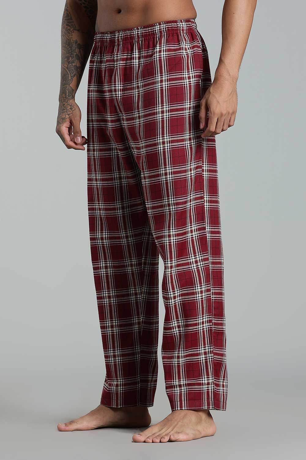 Enhance Men’s Cotton Blend Night Pants – Checked Pyjamas with Drawstring Waist & Side Pockets - Maroon - NP01 - Naidu Hall Family Store