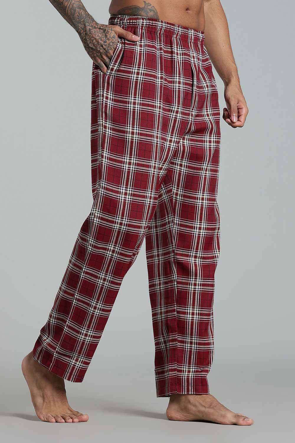 Enhance Men’s Cotton Blend Night Pants – Checked Pyjamas with Drawstring Waist & Side Pockets - Maroon - NP01 - Naidu Hall Family Store