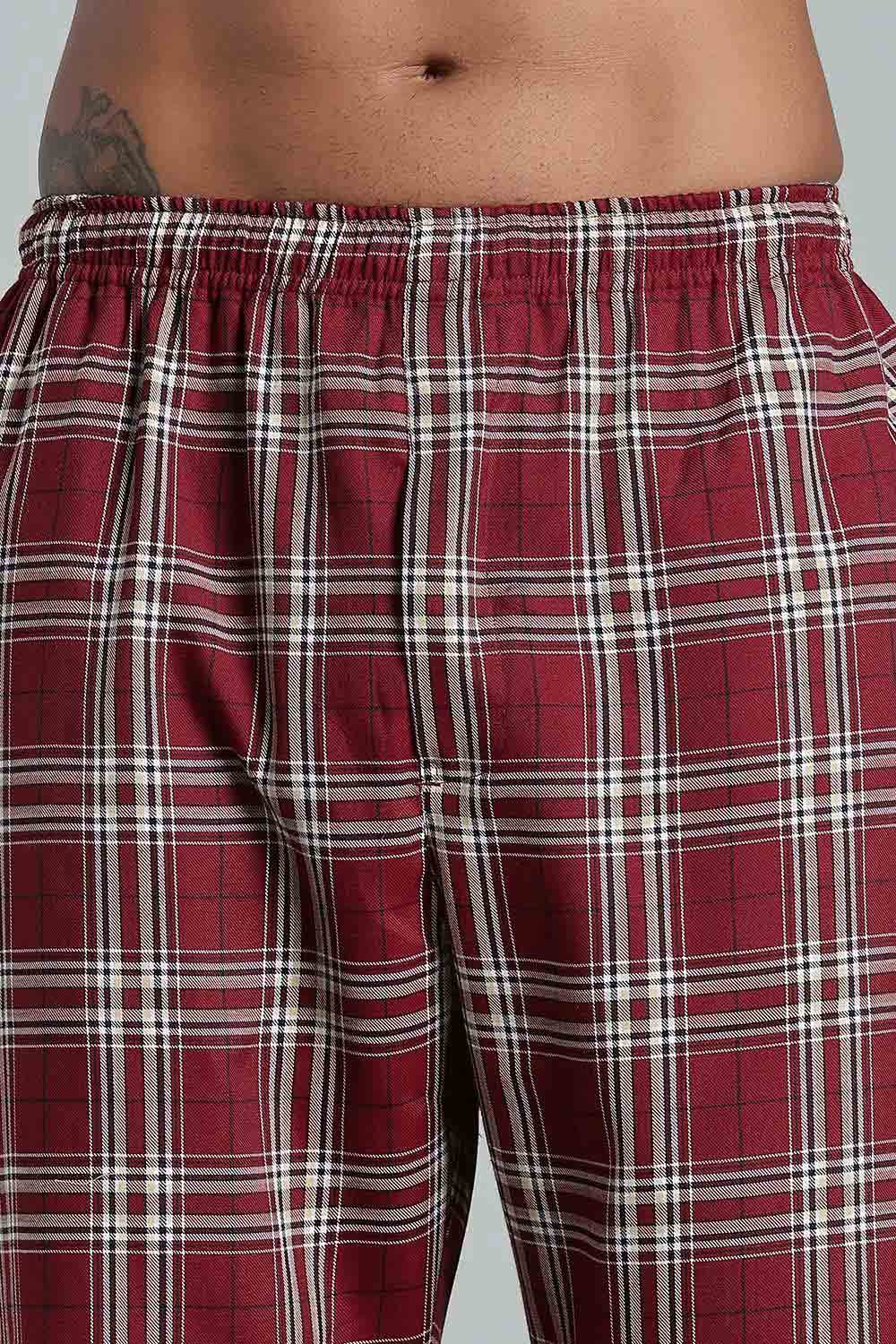 Enhance Men’s Cotton Blend Night Pants – Checked Pyjamas with Drawstring Waist & Side Pockets - Maroon - NP01 - Naidu Hall Family Store