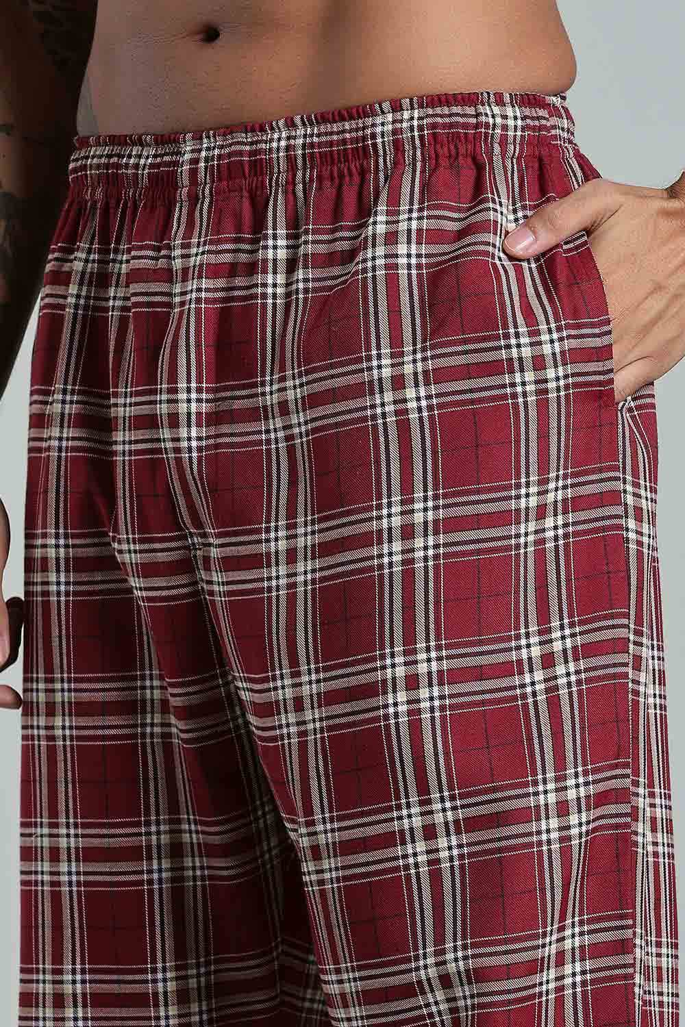 Enhance Men’s Cotton Blend Night Pants – Checked Pyjamas with Drawstring Waist & Side Pockets - Maroon - NP01 - Naidu Hall Family Store