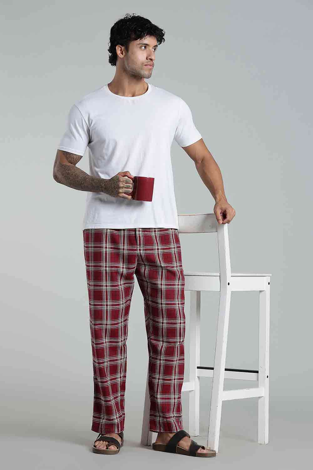 Enhance Men’s Cotton Blend Night Pants – Checked Pyjamas with Drawstring Waist & Side Pockets - Maroon - NP01 - Naidu Hall Family Store