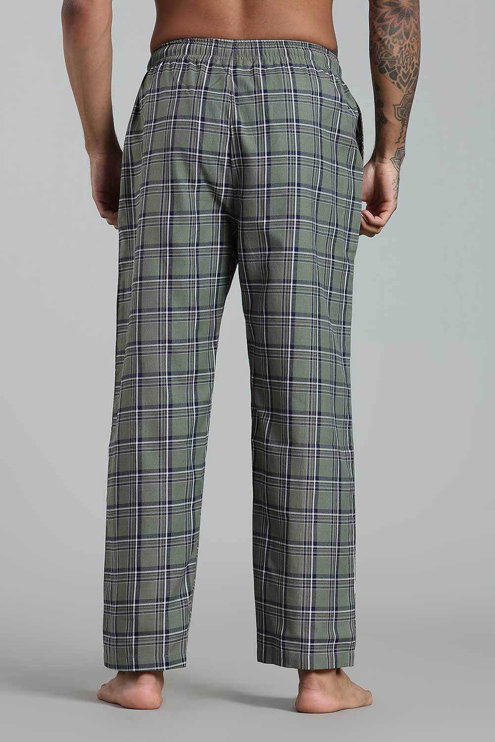 Enhance Men’s Cotton Blend Night Pants – Checked Pyjamas with Drawstring Waist & Side Pockets - Green - NP01 - Naidu Hall Family Store