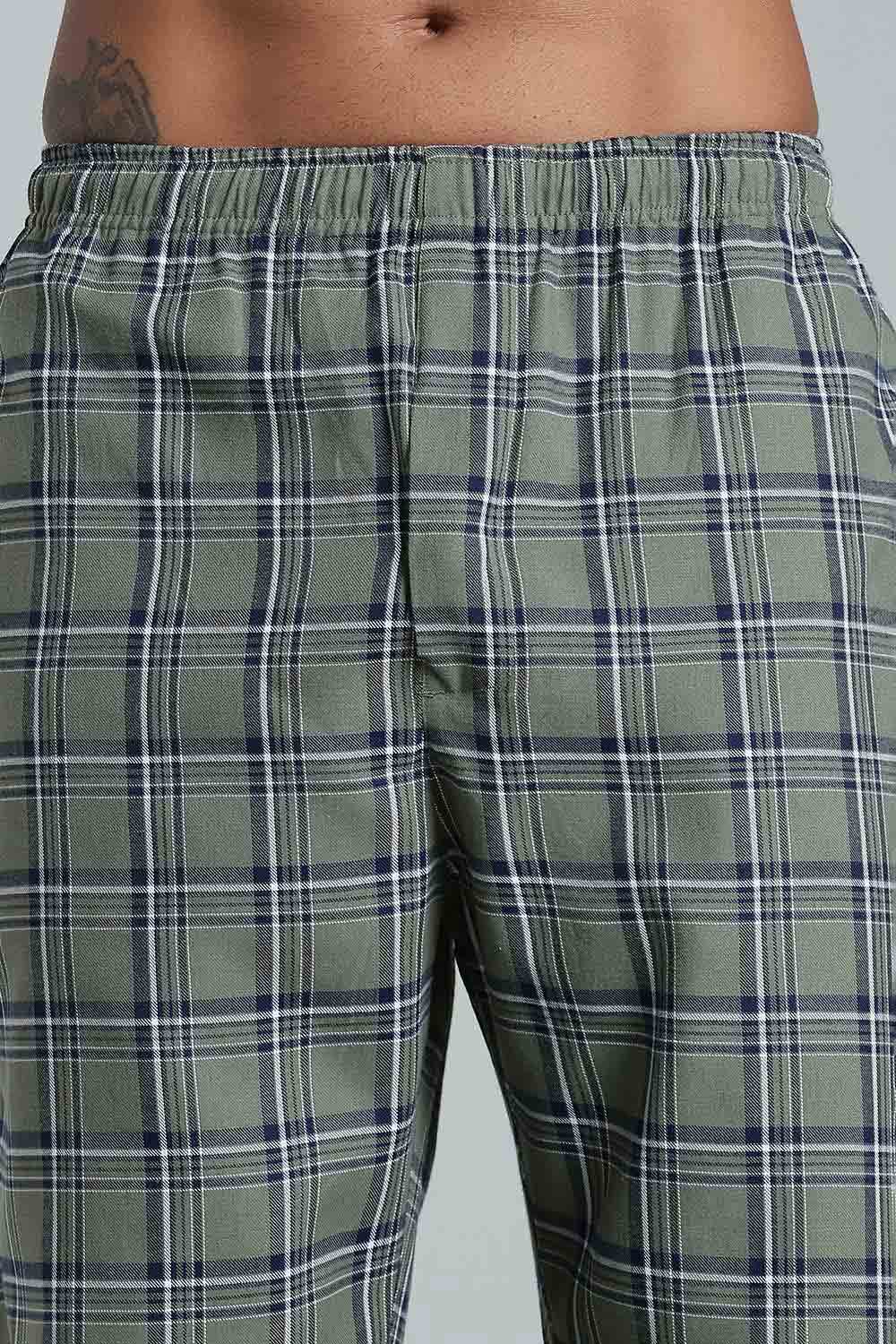 Enhance Men’s Cotton Blend Night Pants – Checked Pyjamas with Drawstring Waist & Side Pockets - Green - NP01 - Naidu Hall Family Store