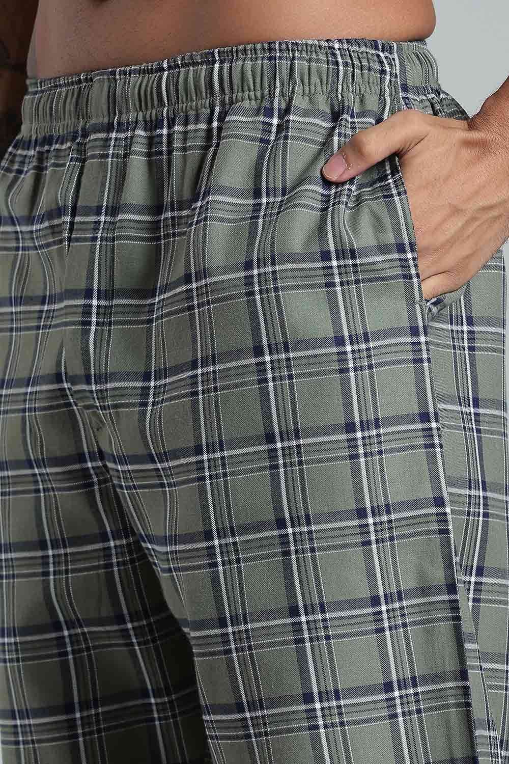 Enhance Men’s Cotton Blend Night Pants – Checked Pyjamas with Drawstring Waist & Side Pockets - Green - NP01 - Naidu Hall Family Store