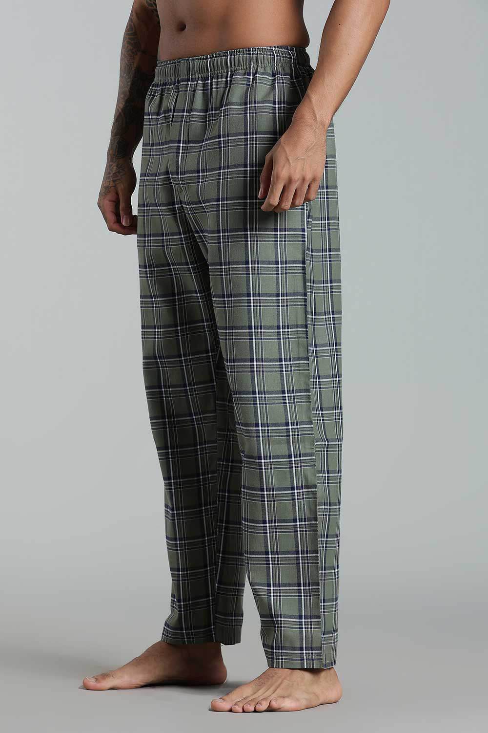 Enhance Men’s Cotton Blend Night Pants – Checked Pyjamas with Drawstring Waist & Side Pockets - Green - NP01 - Naidu Hall Family Store