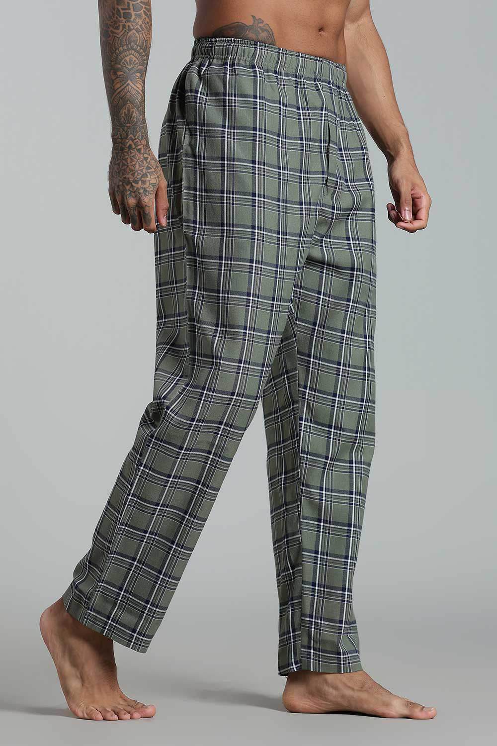 Enhance Men’s Cotton Blend Night Pants – Checked Pyjamas with Drawstring Waist & Side Pockets - Green - NP01 - Naidu Hall Family Store