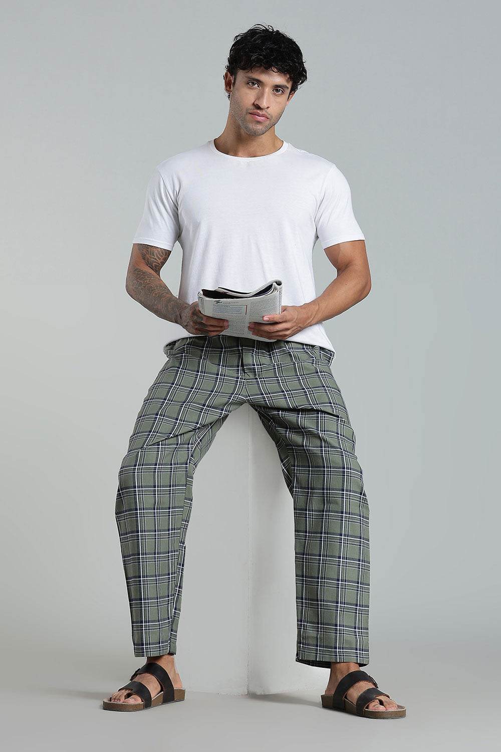 Enhance Men’s Cotton Blend Night Pants – Checked Pyjamas with Drawstring Waist & Side Pockets - Green - NP01 - Naidu Hall Family Store