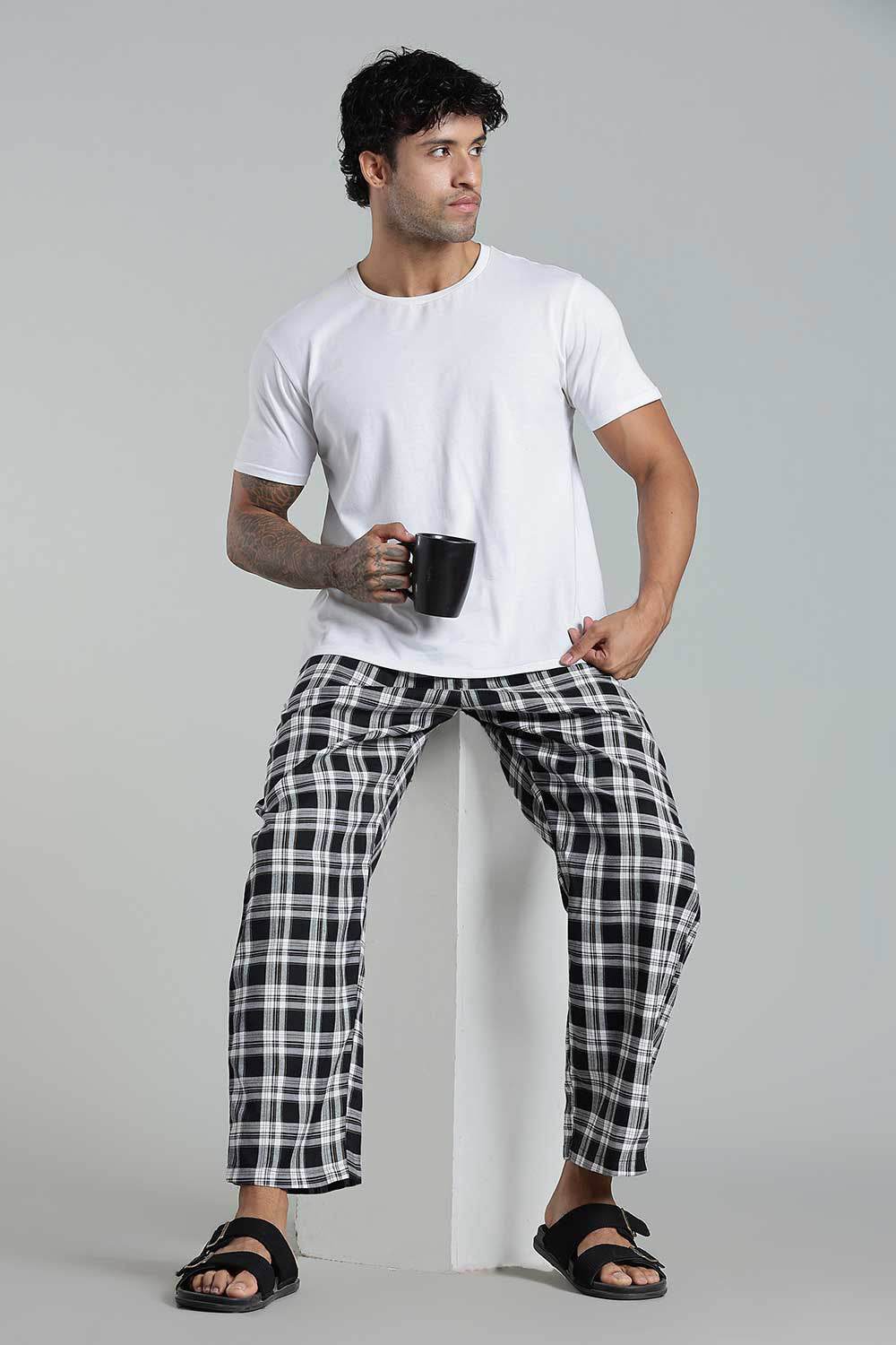 Enhance Men’s Cotton Blend Night Pants – Checked Pyjamas with Drawstring Waist & Side Pockets - Black - NP01 - Naidu Hall Family Store
