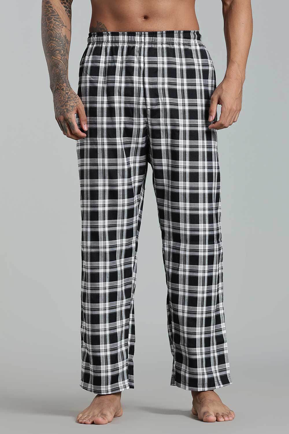 Enhance Men’s Cotton Blend Night Pants – Checked Pyjamas with Drawstring Waist Side Pockets Black NP01