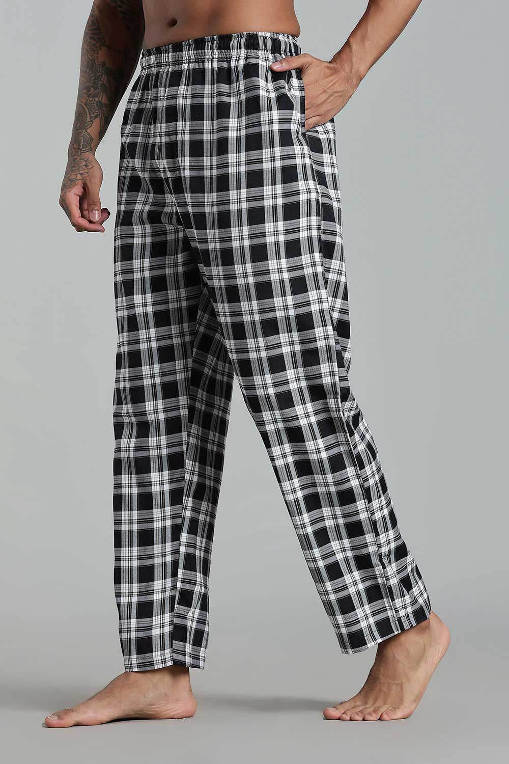 Enhance Men’s Cotton Blend Night Pants – Checked Pyjamas with Drawstring Waist & Side Pockets - Black - NP01 - Naidu Hall Family Store